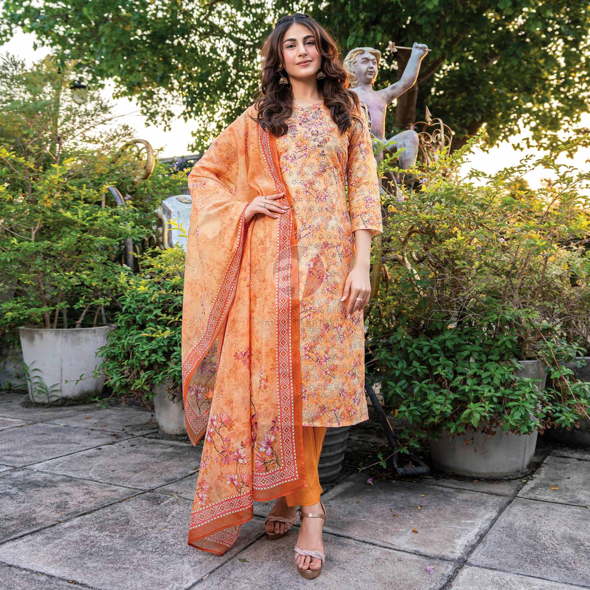 Orange Floral Chikankari Work Pure Cotton Suit