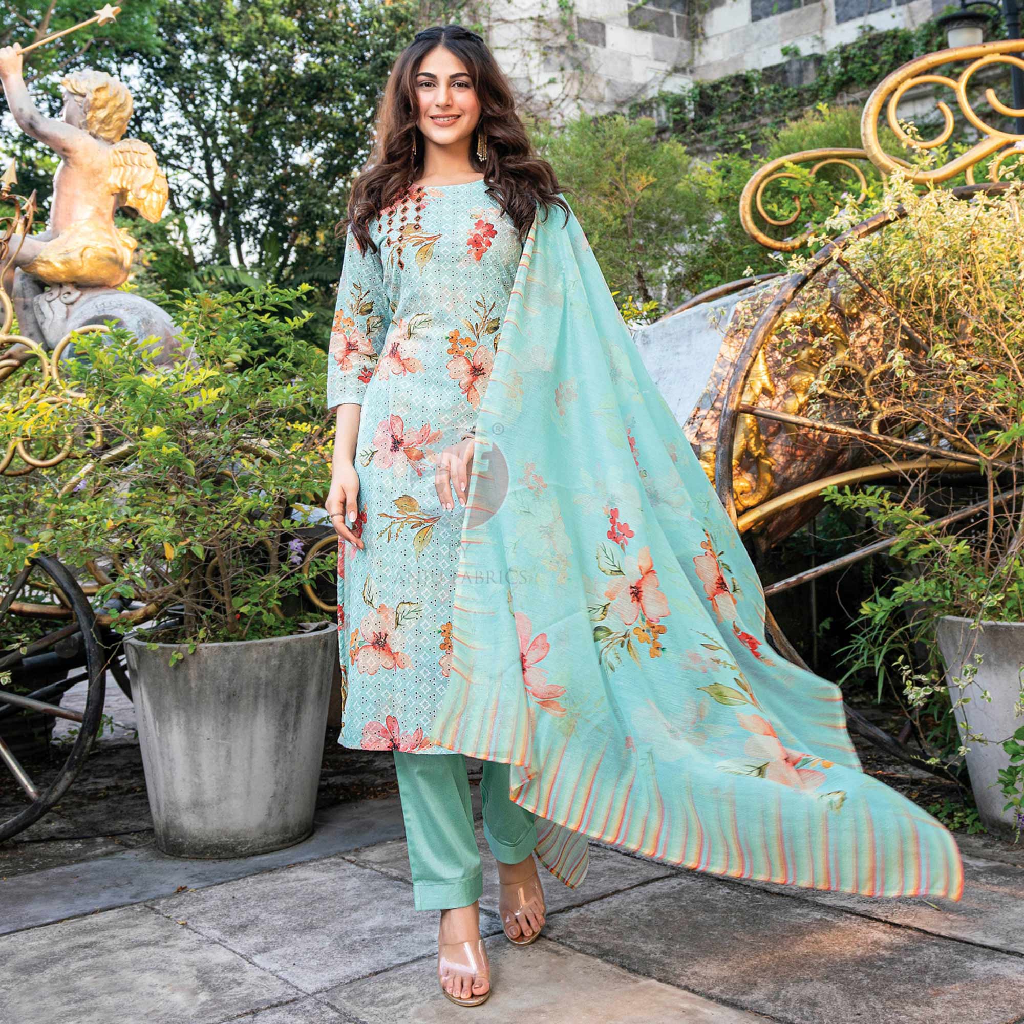 Turquoise Floral Chikankari Work Pure Cotton Suit