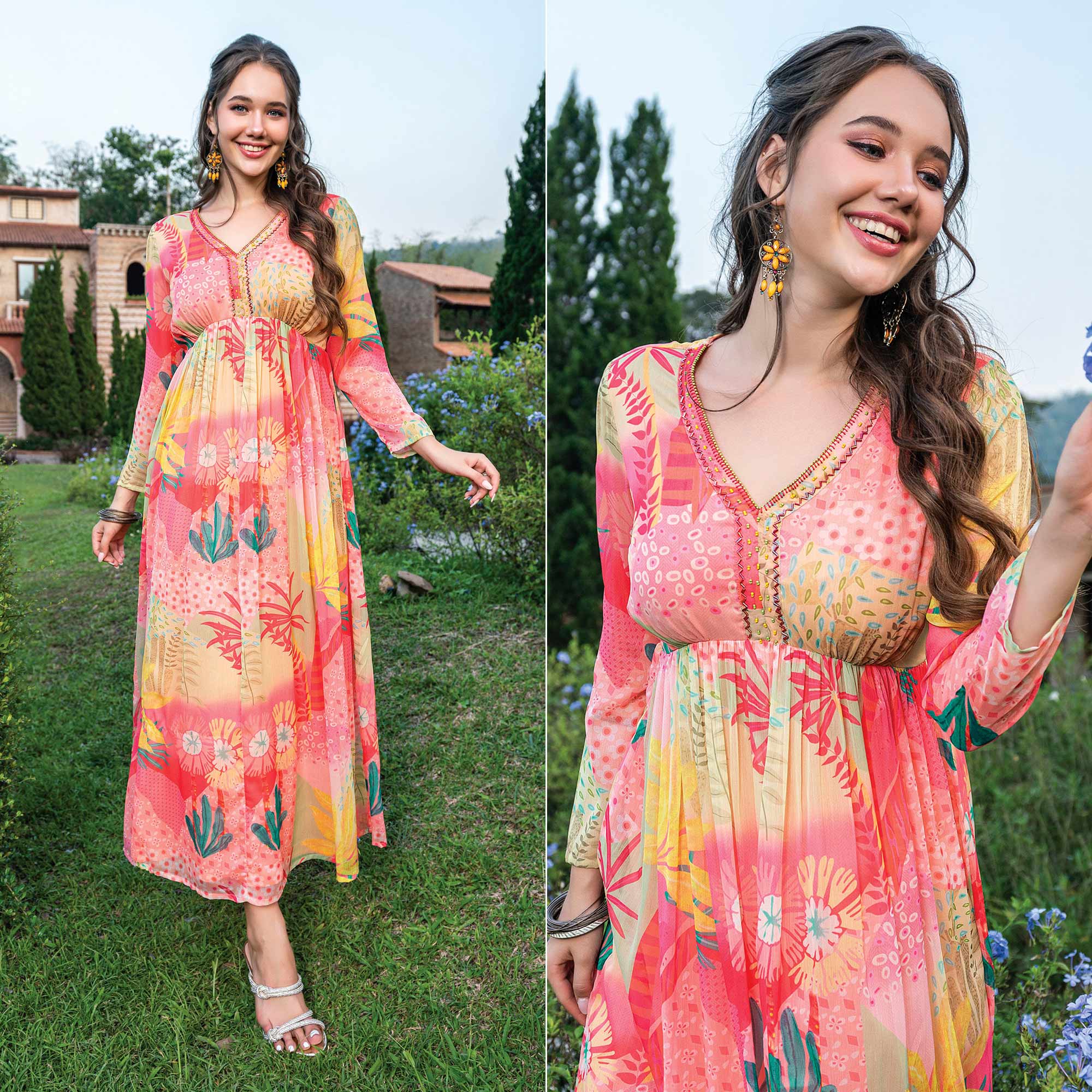 Multicolor Printed With Handwork Chiffon Dress