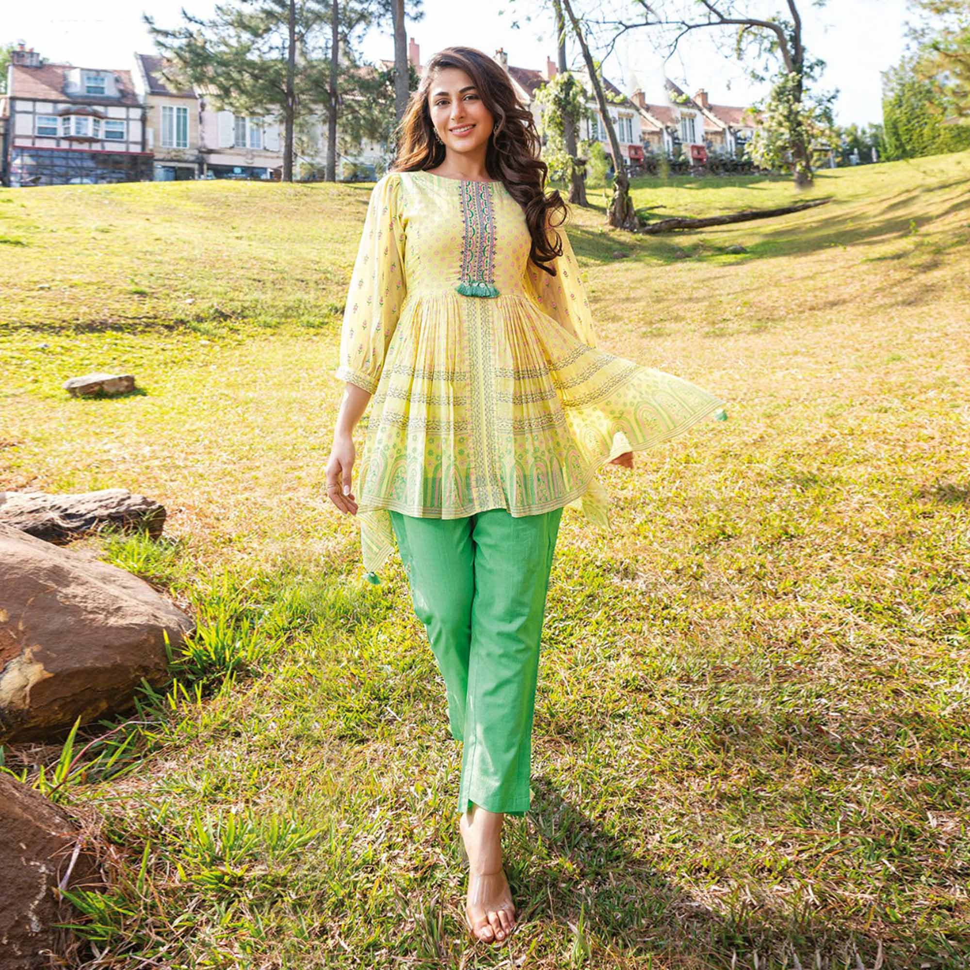 Yellow Embroidered Cotton Co Ord Set