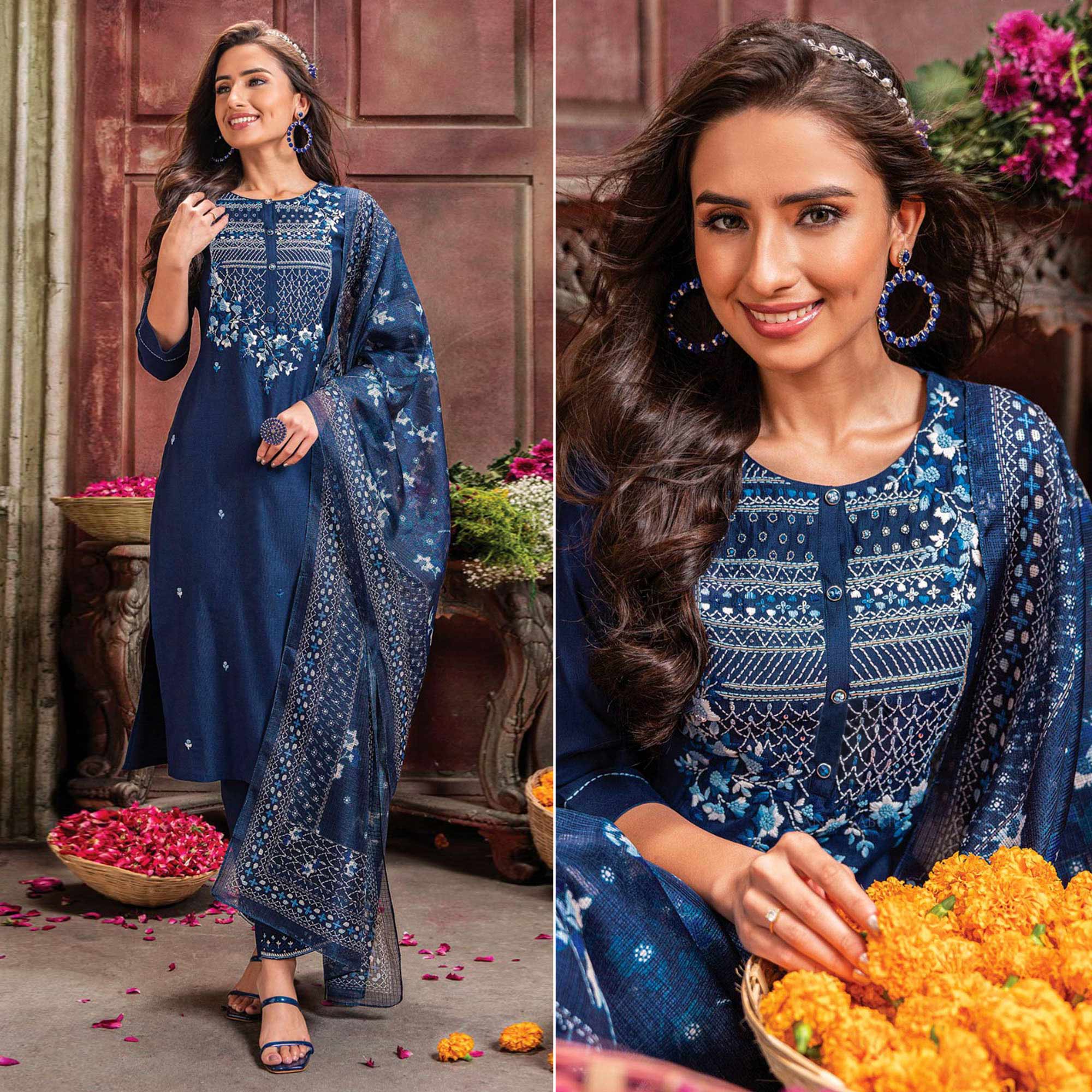 Navy Blue Handwork Embroidered Viscose Salwar Suit
