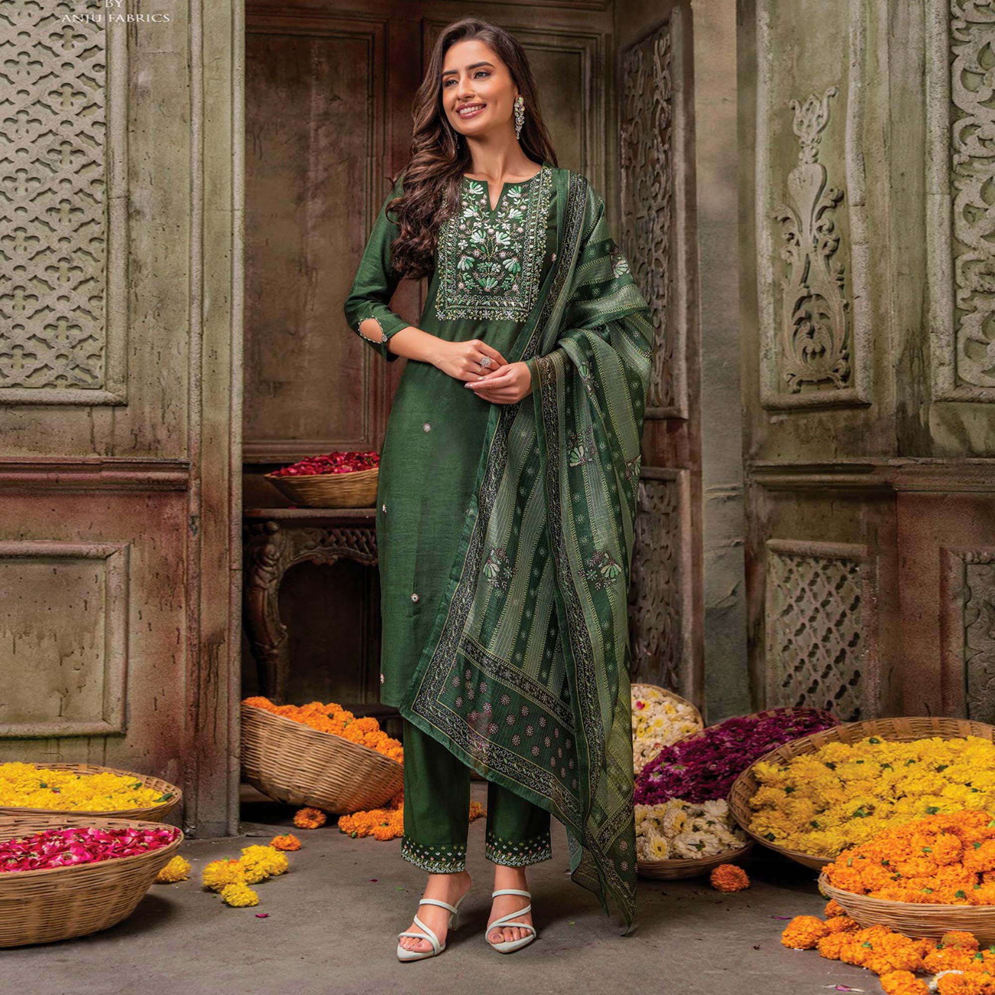 Green Handwork Embroidered Viscose Salwar Suit