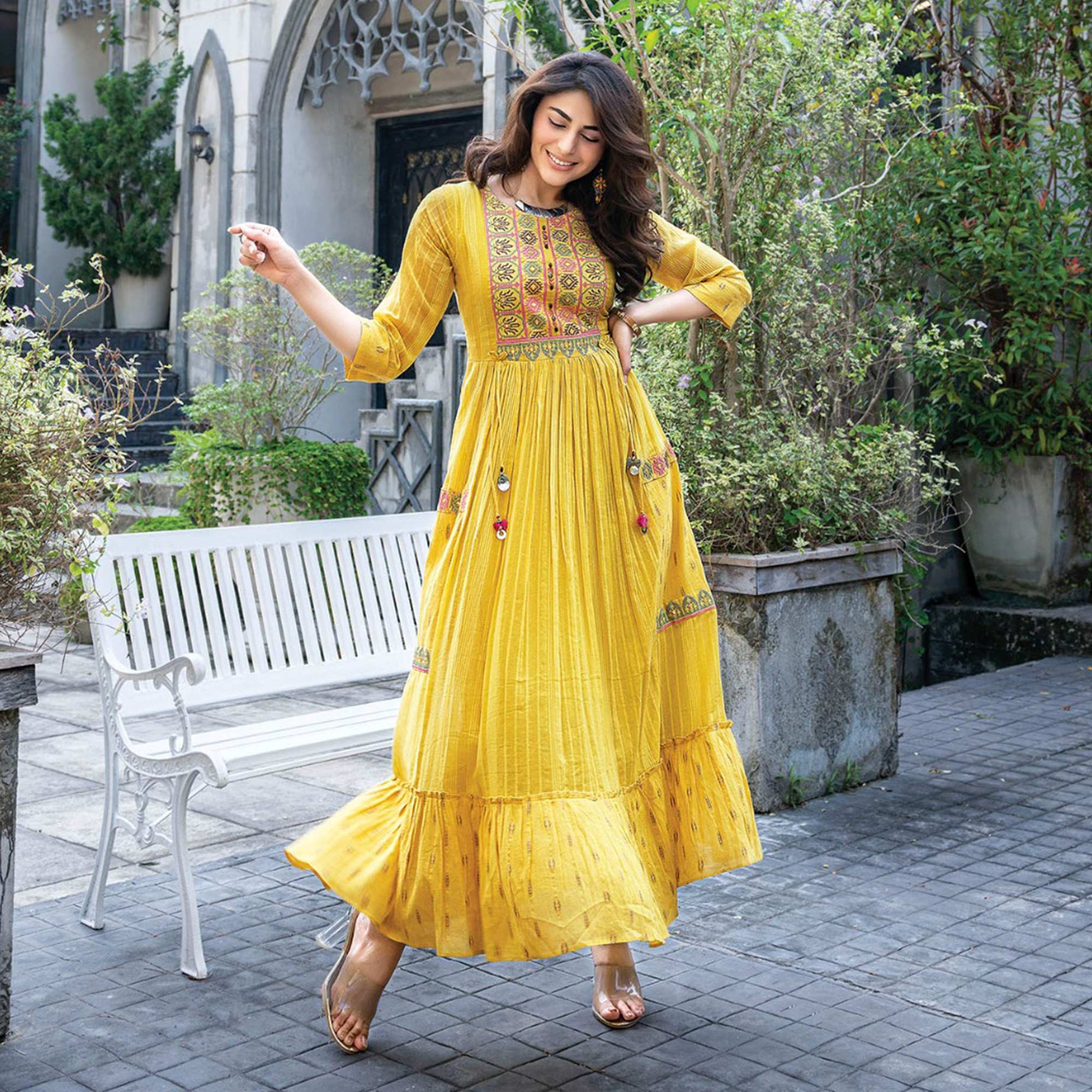 Mustard Embroidered Cotton Gown