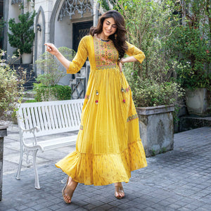 Mustard Embroidered Cotton Gown