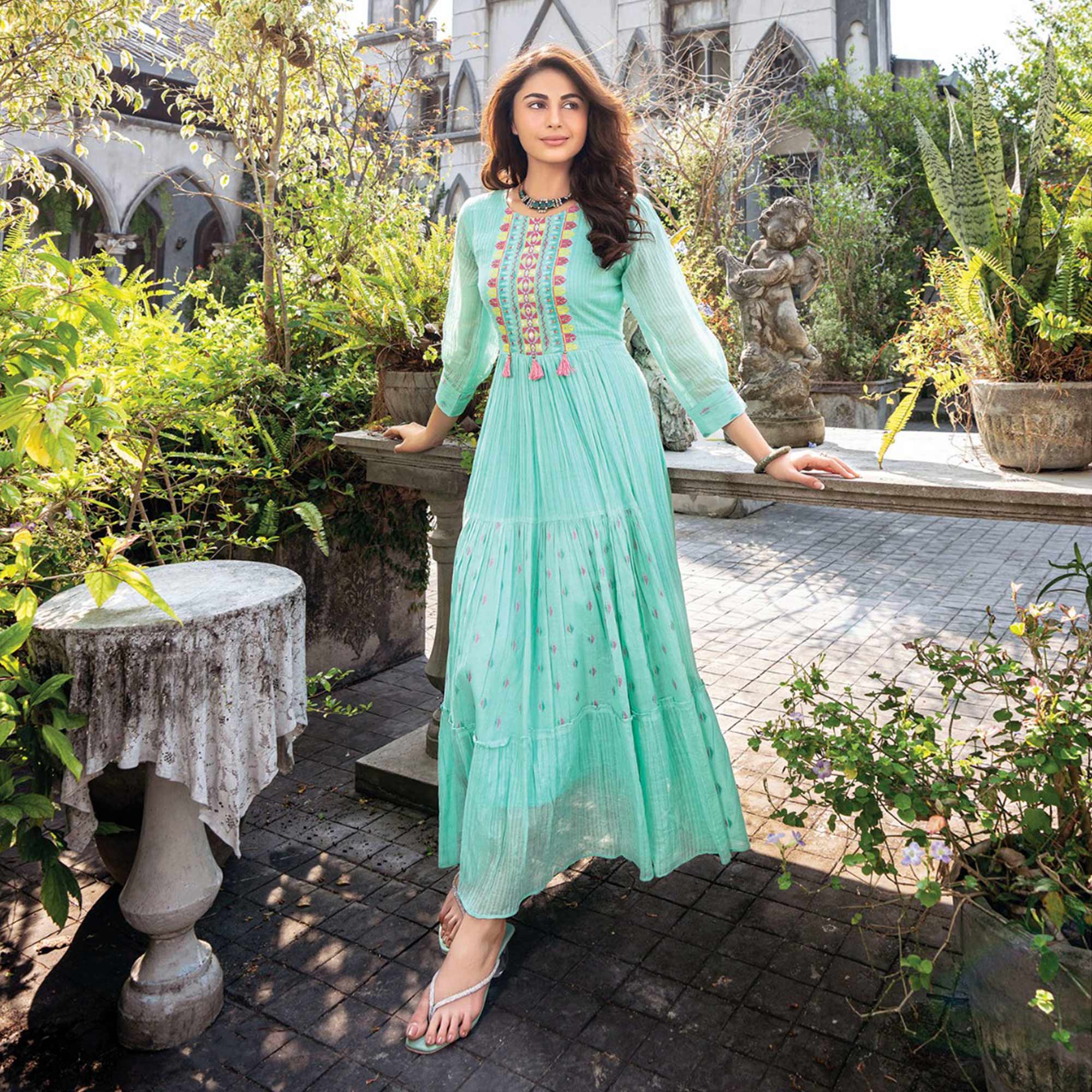 Turquoise Embroidered Cotton Gown