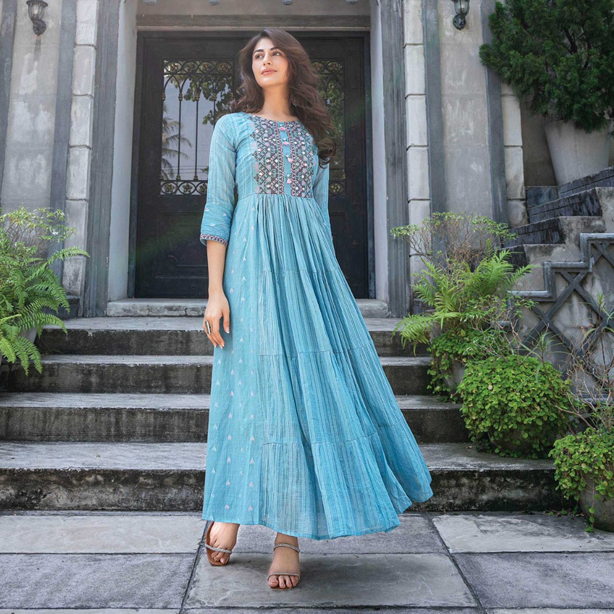 Blue Embroidered Cotton Gown