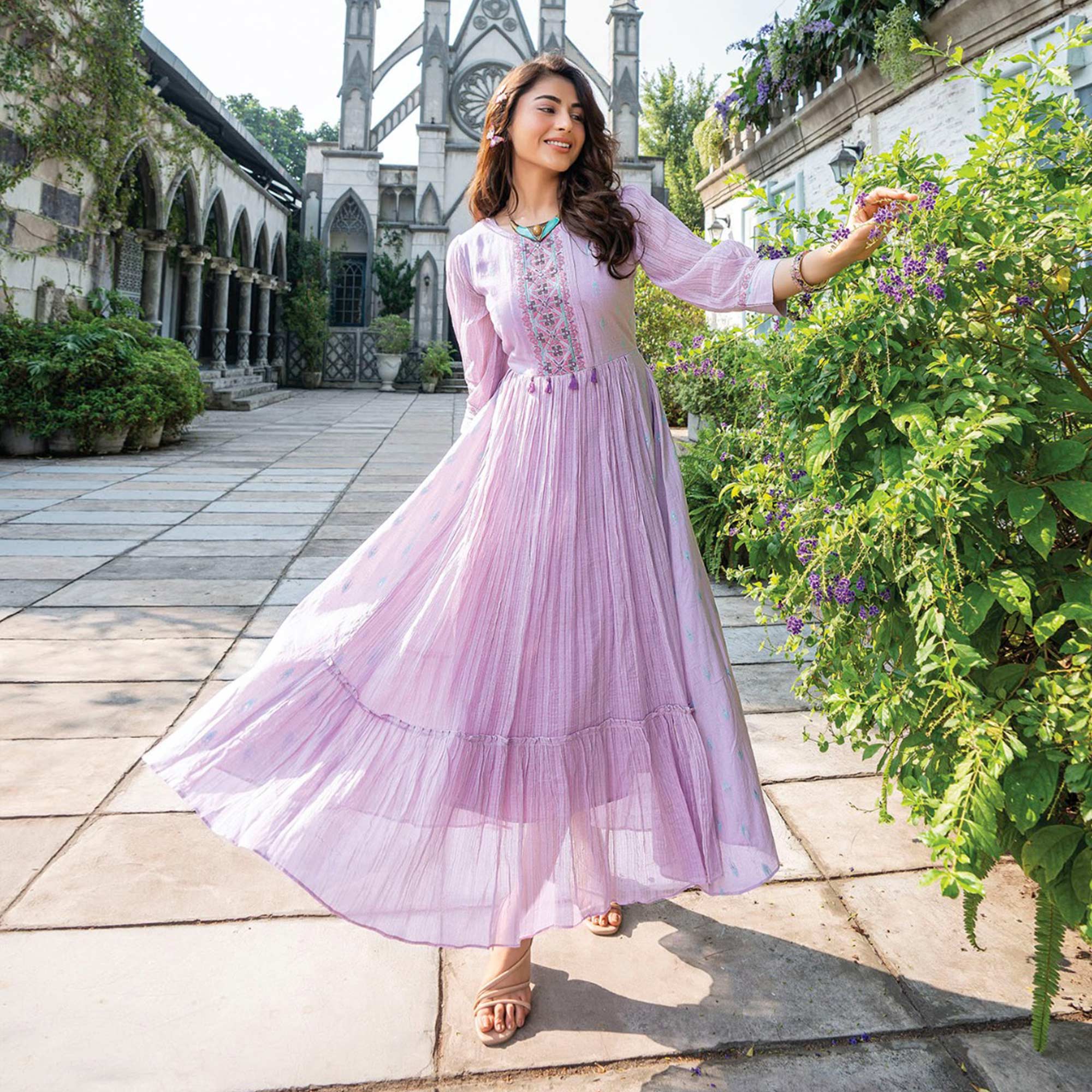 Light Purple Embroidered Cotton Gown