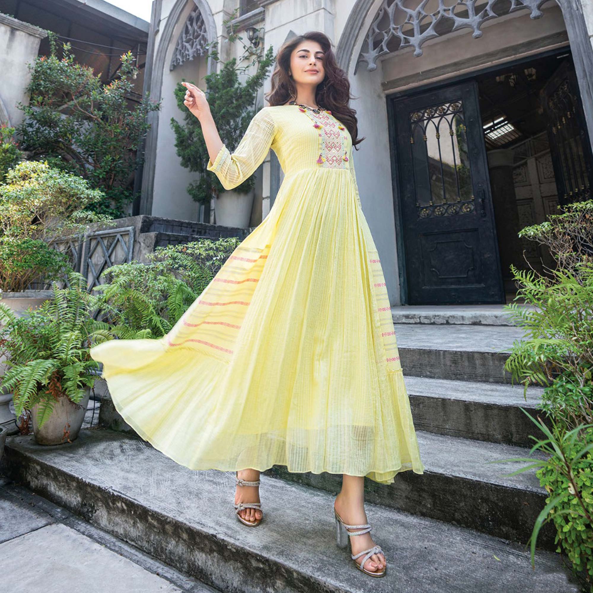 Light Yellow Embroidered Cotton Gown