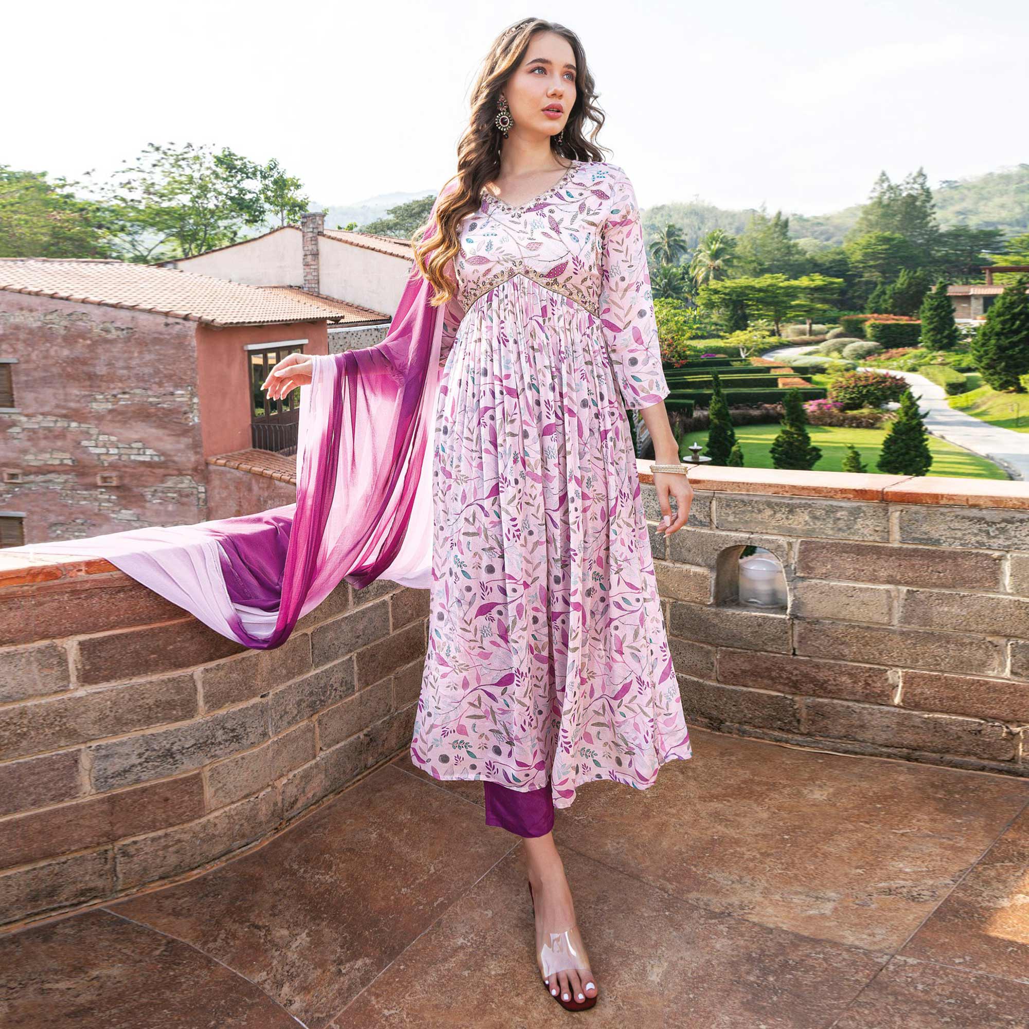 Purple Floral Printed Chiffon Alia Cut Suit