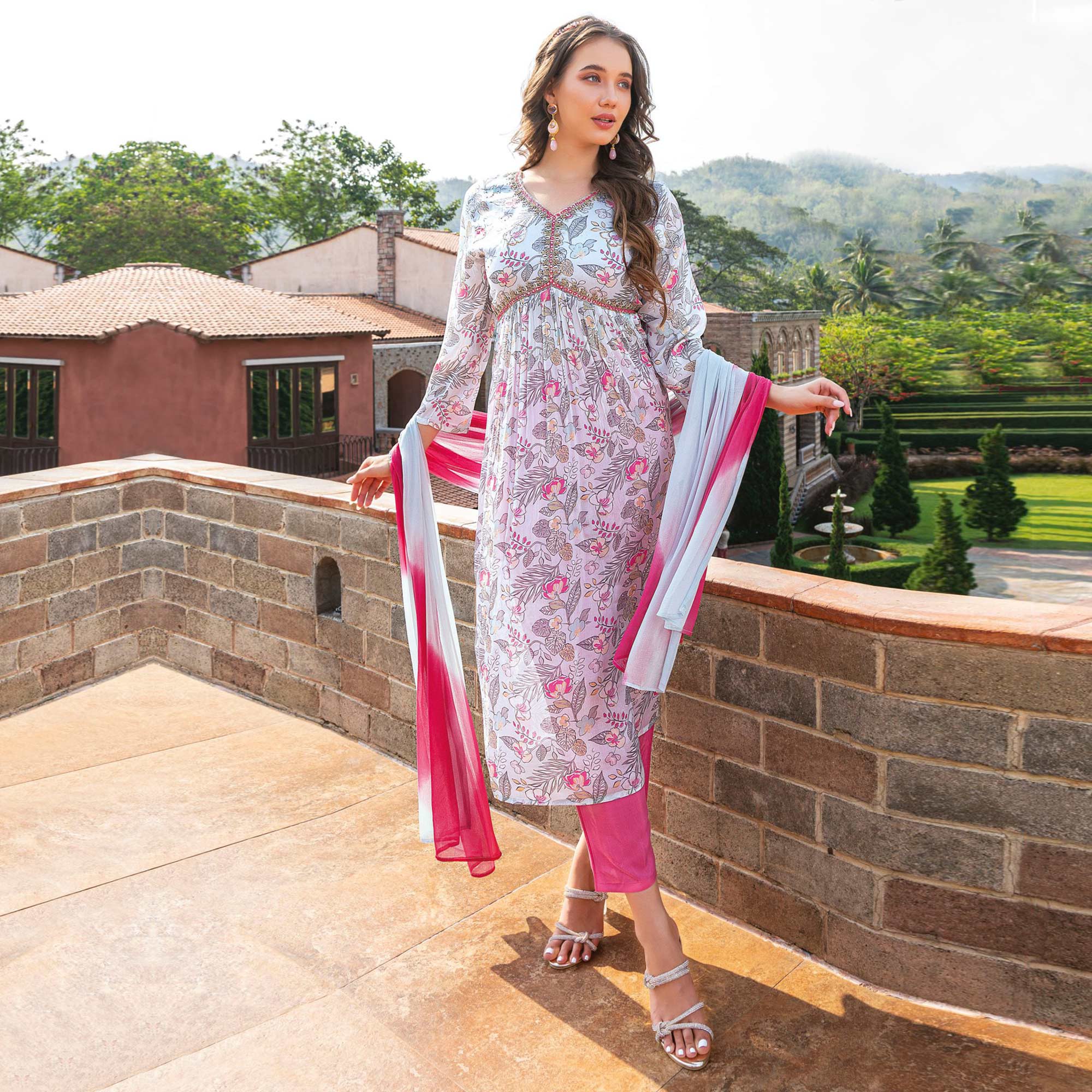 Grey & Pink Floral Printed Chiffon Alia Cut Suit