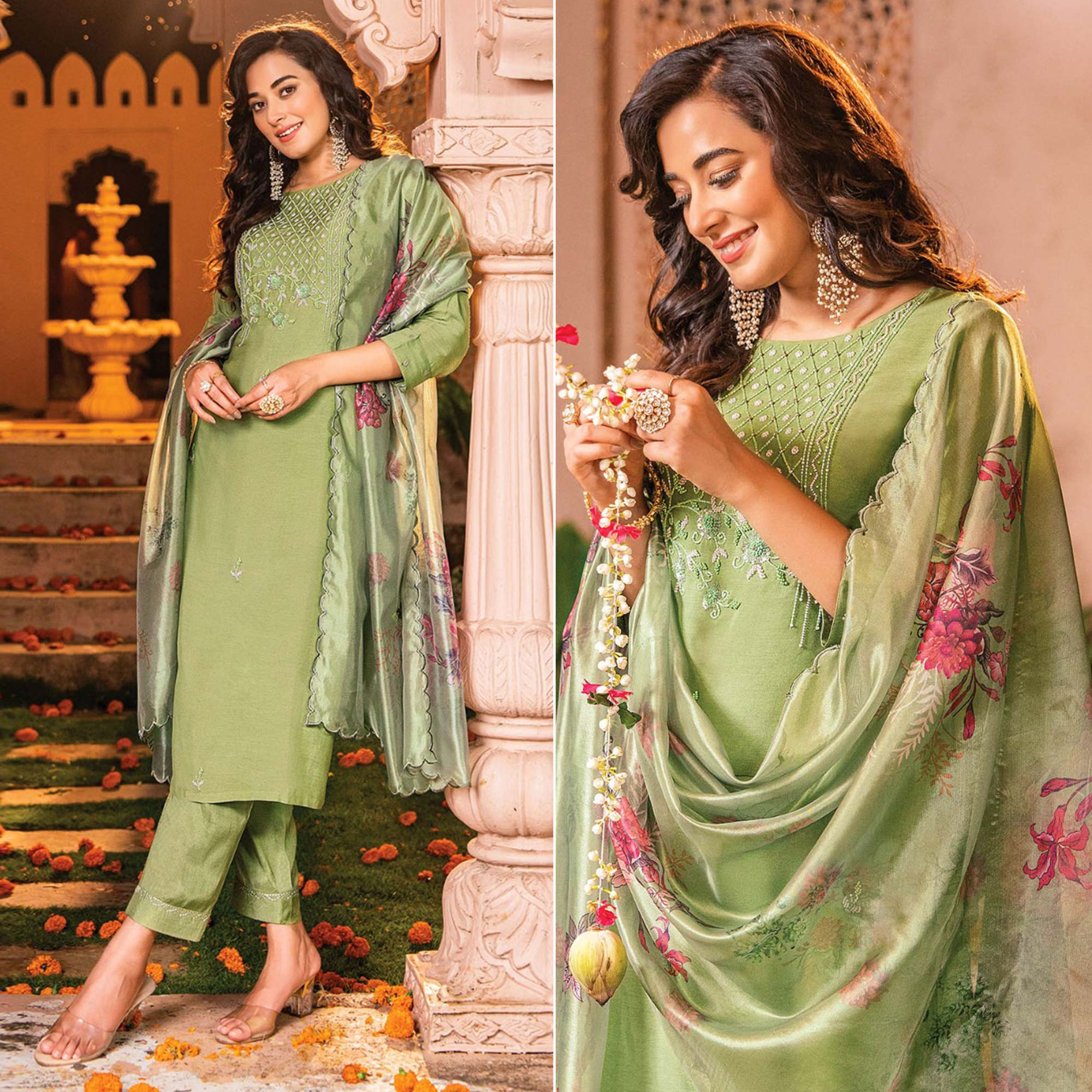 Green Handwork Embroidered Viscose Salwar Suit