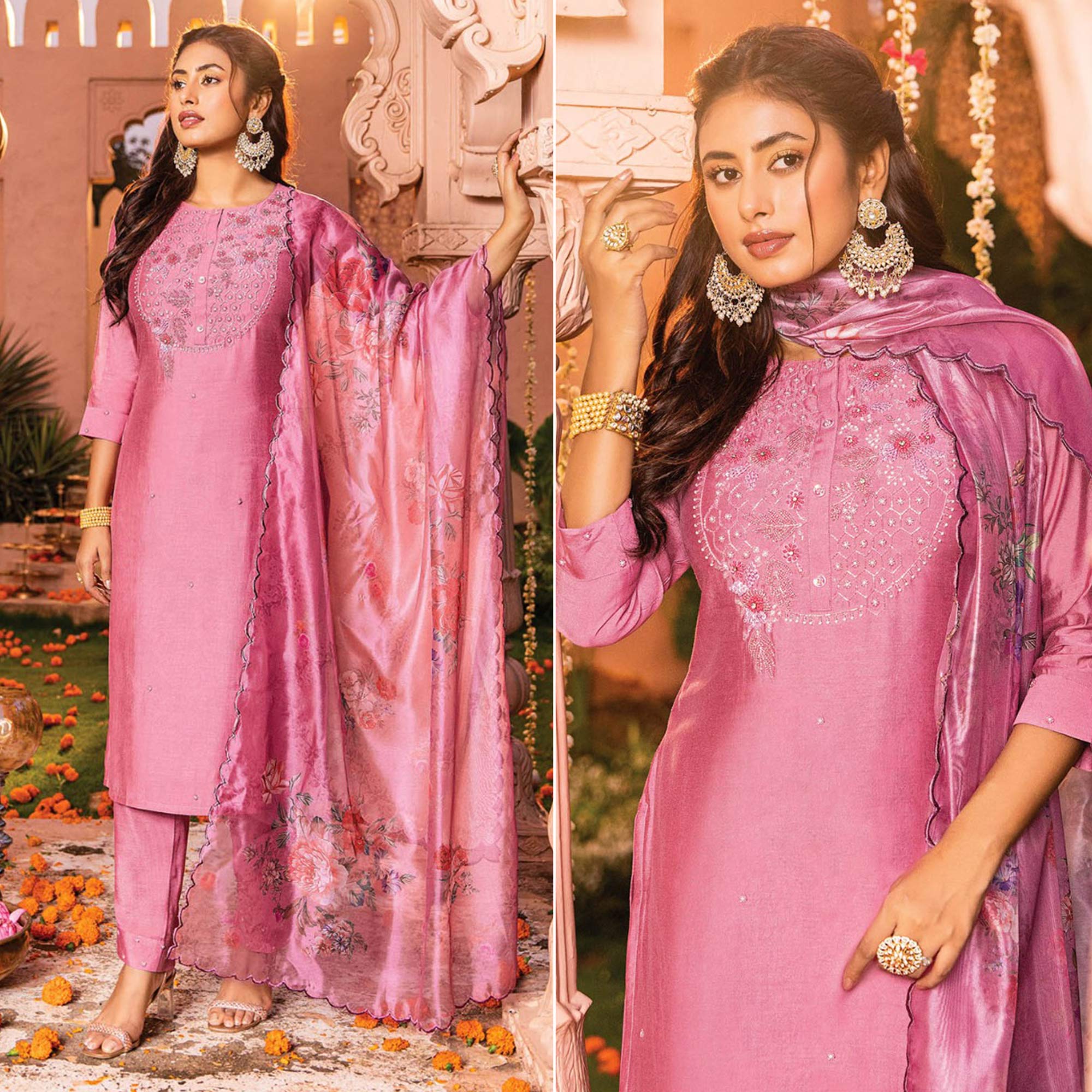 Pink Handwork Embroidered Viscose Salwar Suit