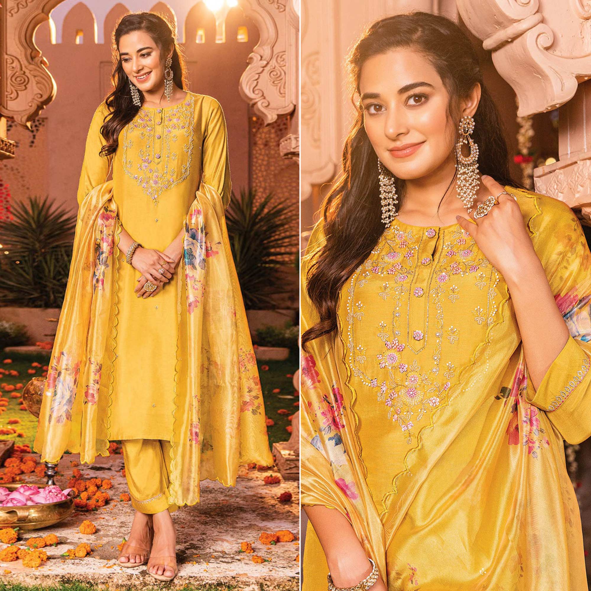 Yellow Handwork Embroidered Viscose Salwar Suit