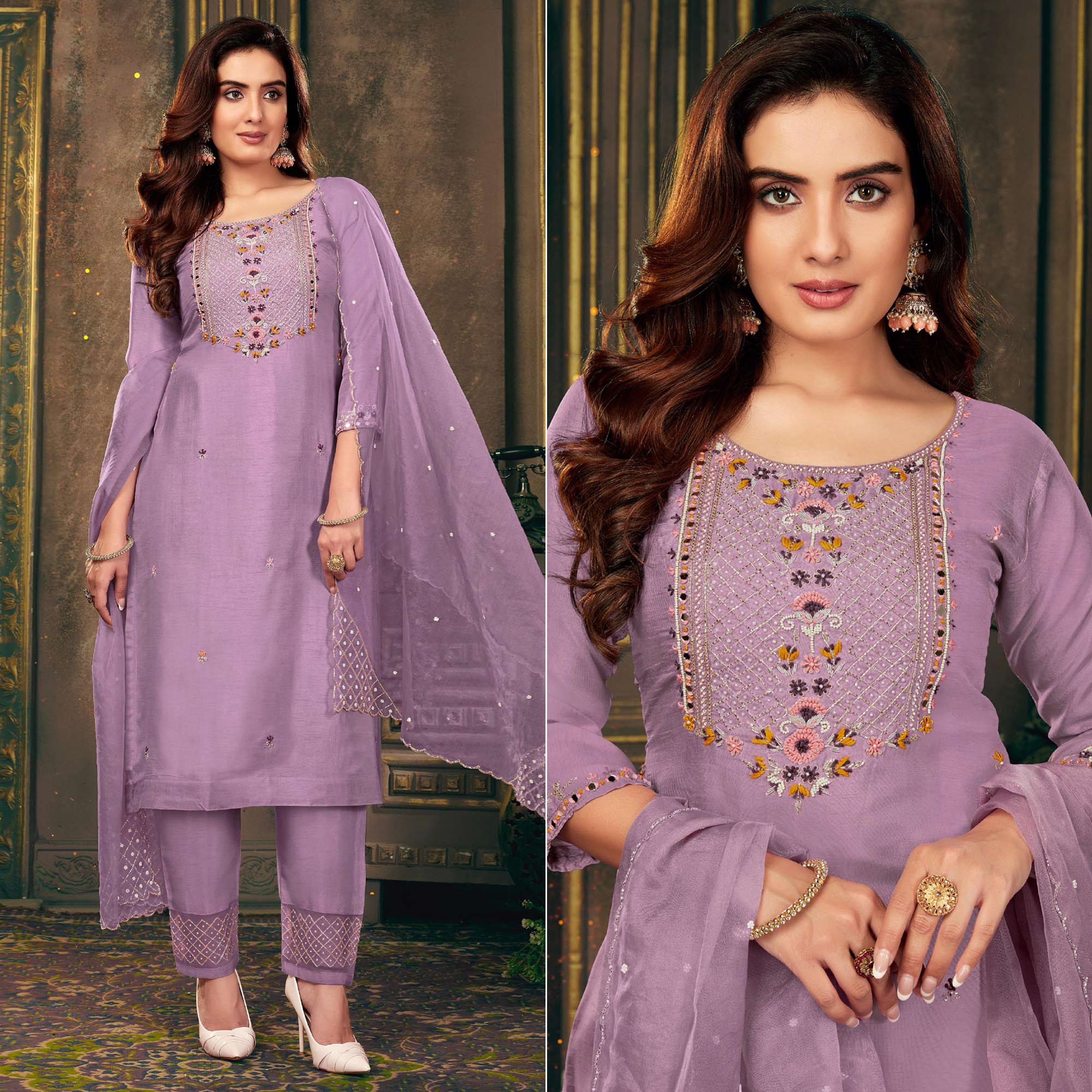 Purple Floral Embroidered Dola Silk Suit