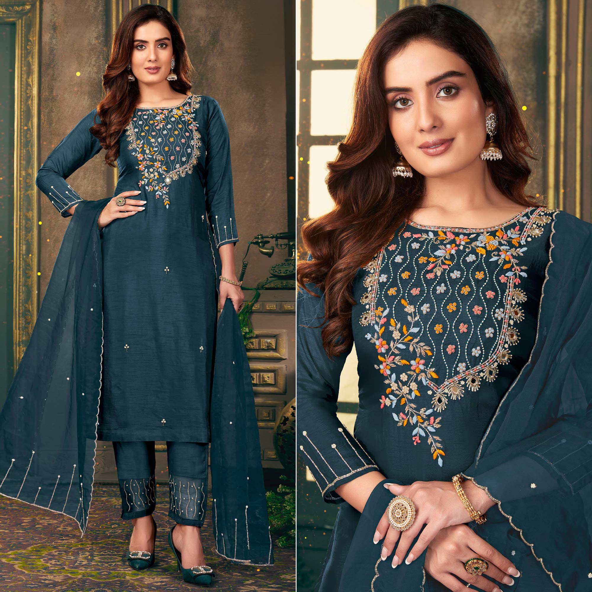 Teal Blue Floral Embroidered Dola Silk Suit