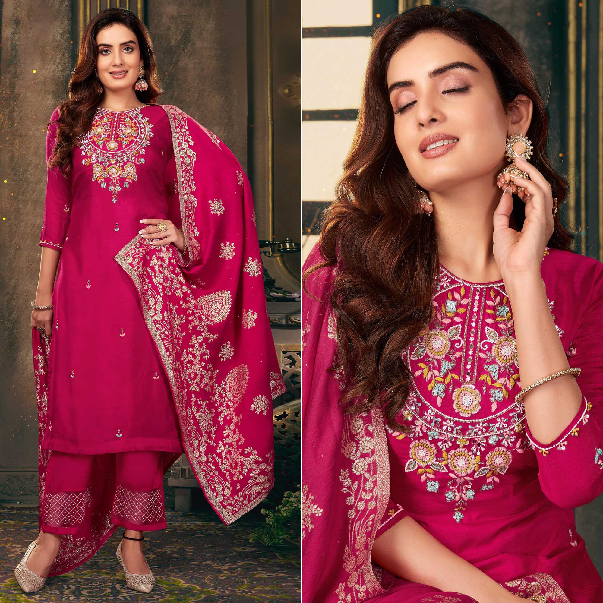 Pink Floral Embroidered Dola Silk Suit