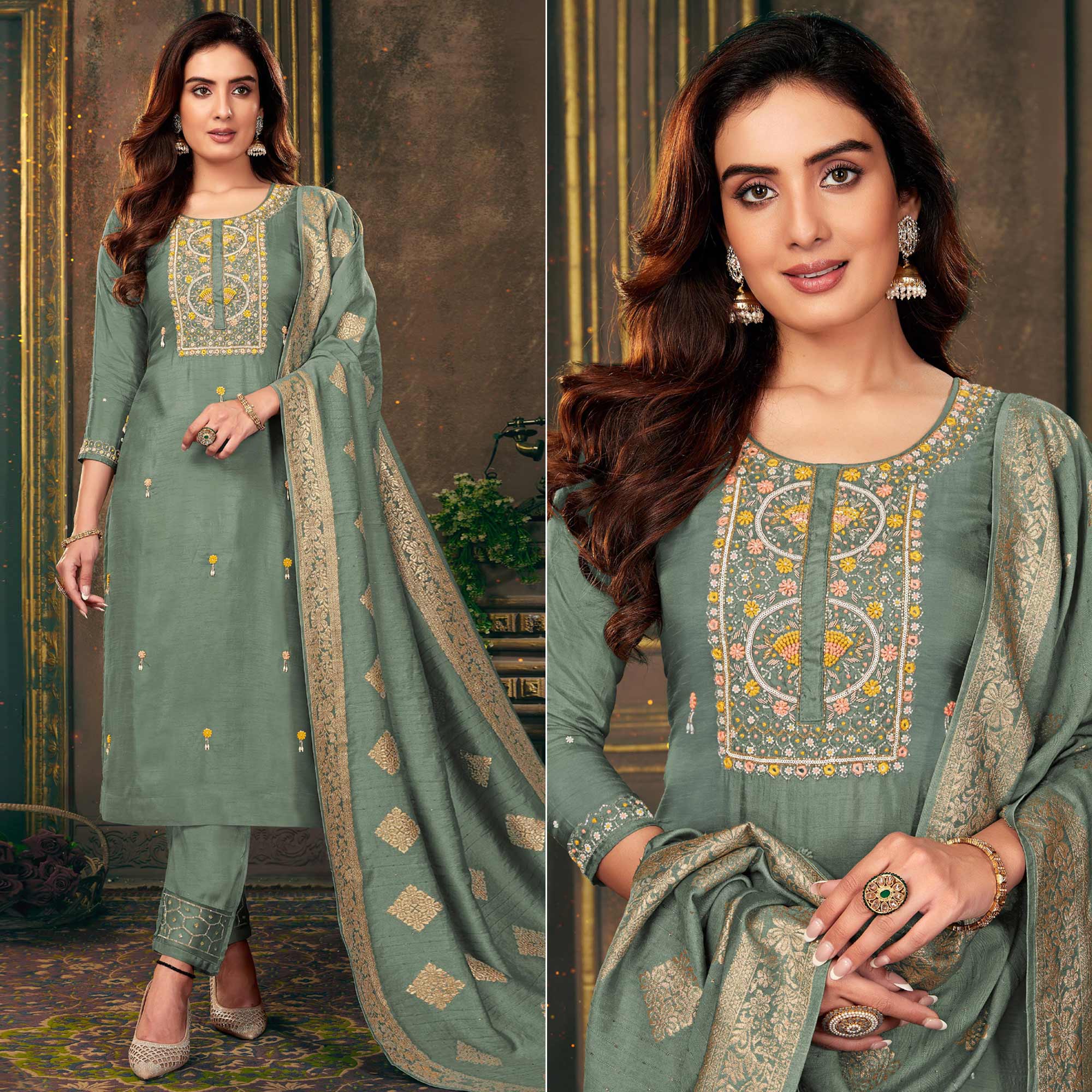 Green Floral Embroidered Dola Silk Suit