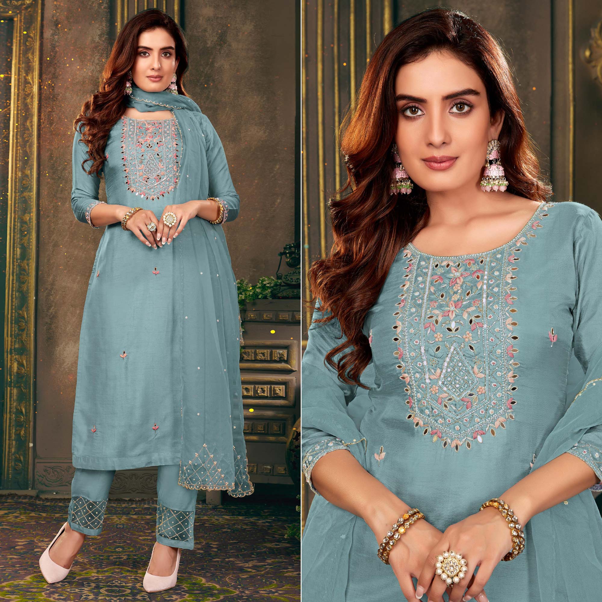 Blue Floral Embroidered Dola Silk Suit