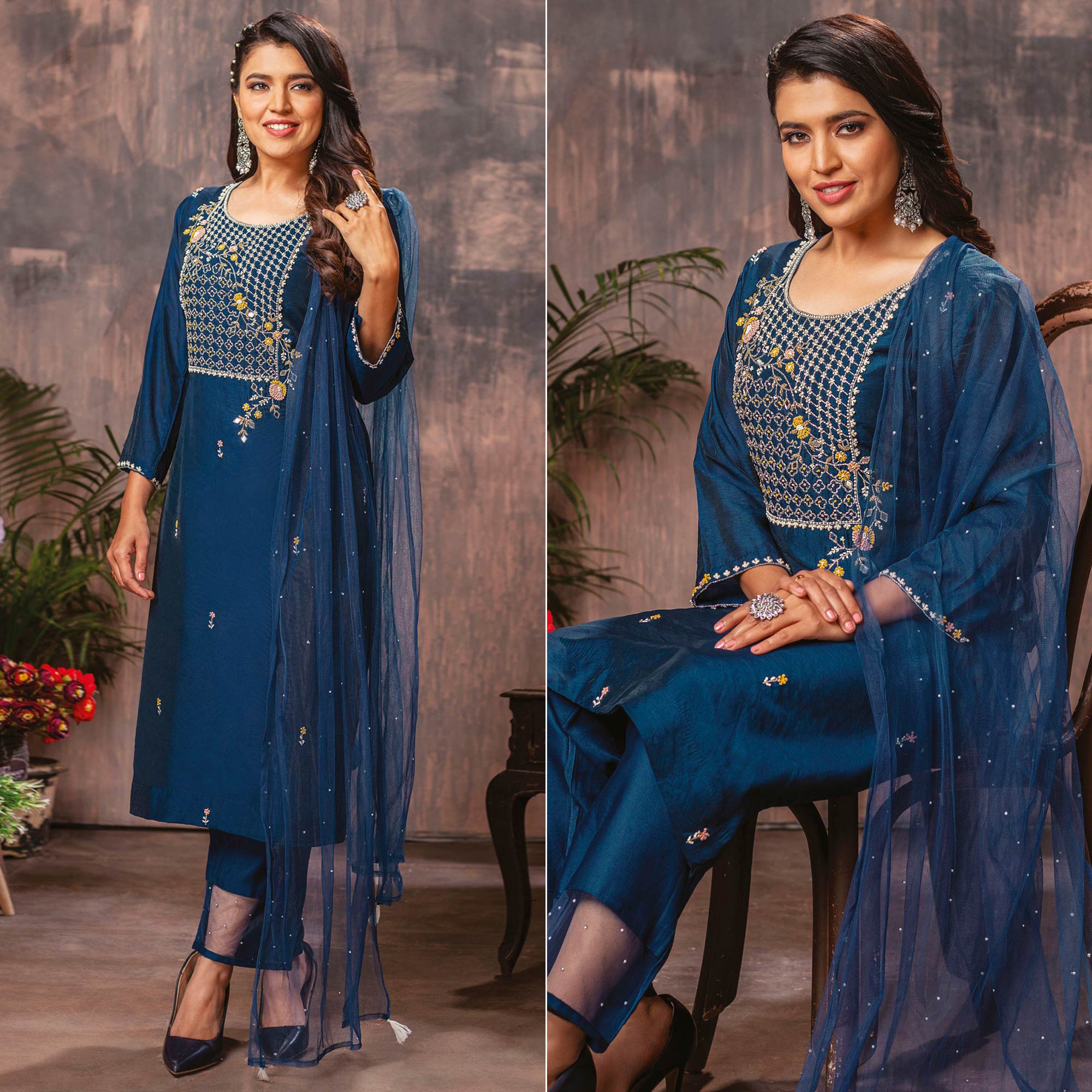 Blue Floral Embroidered Chanderi Suit