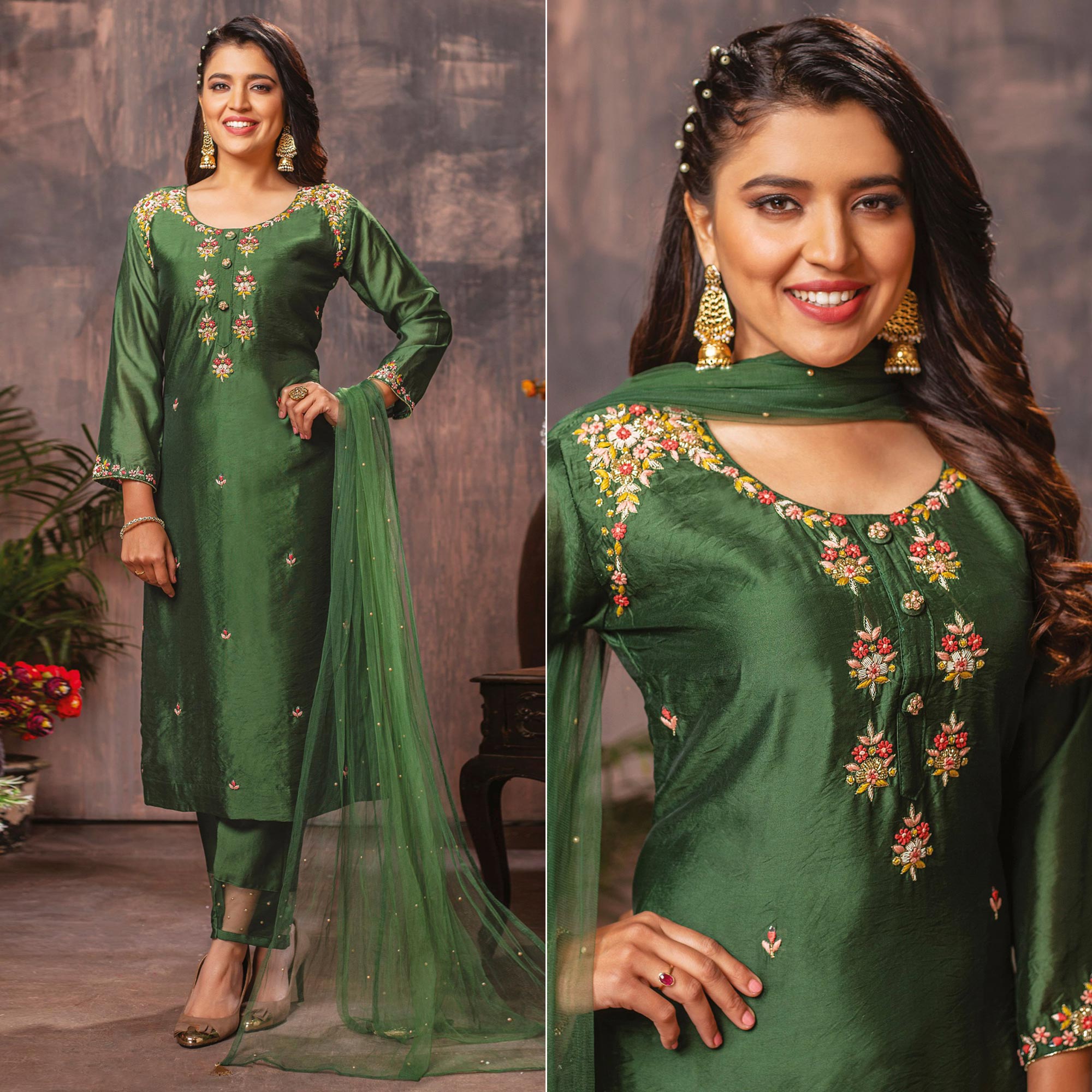 Green Floral Embroidered Chanderi Suit