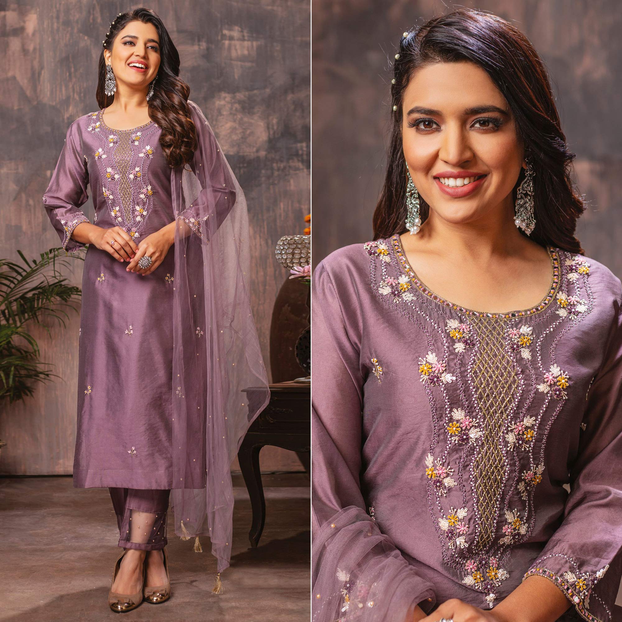 Purple Floral Embroidered Chanderi Suit