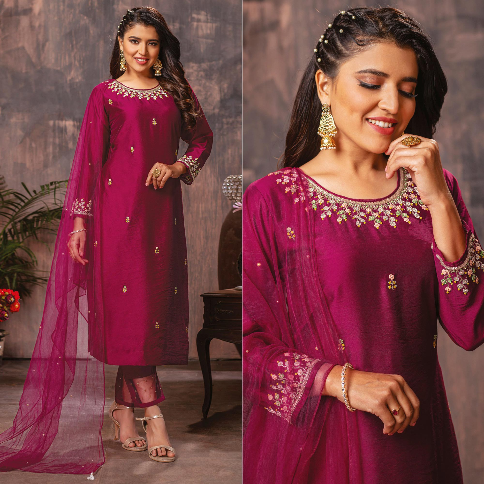 Pink Floral Embroidered Chanderi Suit