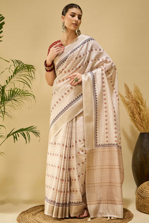 Charming Cream Floral Print Katki Cotton Silk Saree Featuring Stylish Tassel Pallu