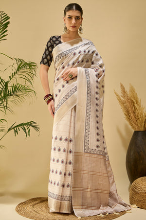 Ivory Cream Floral Printed Katki Cotton Silk Saree With Graceful Tassel Pallu