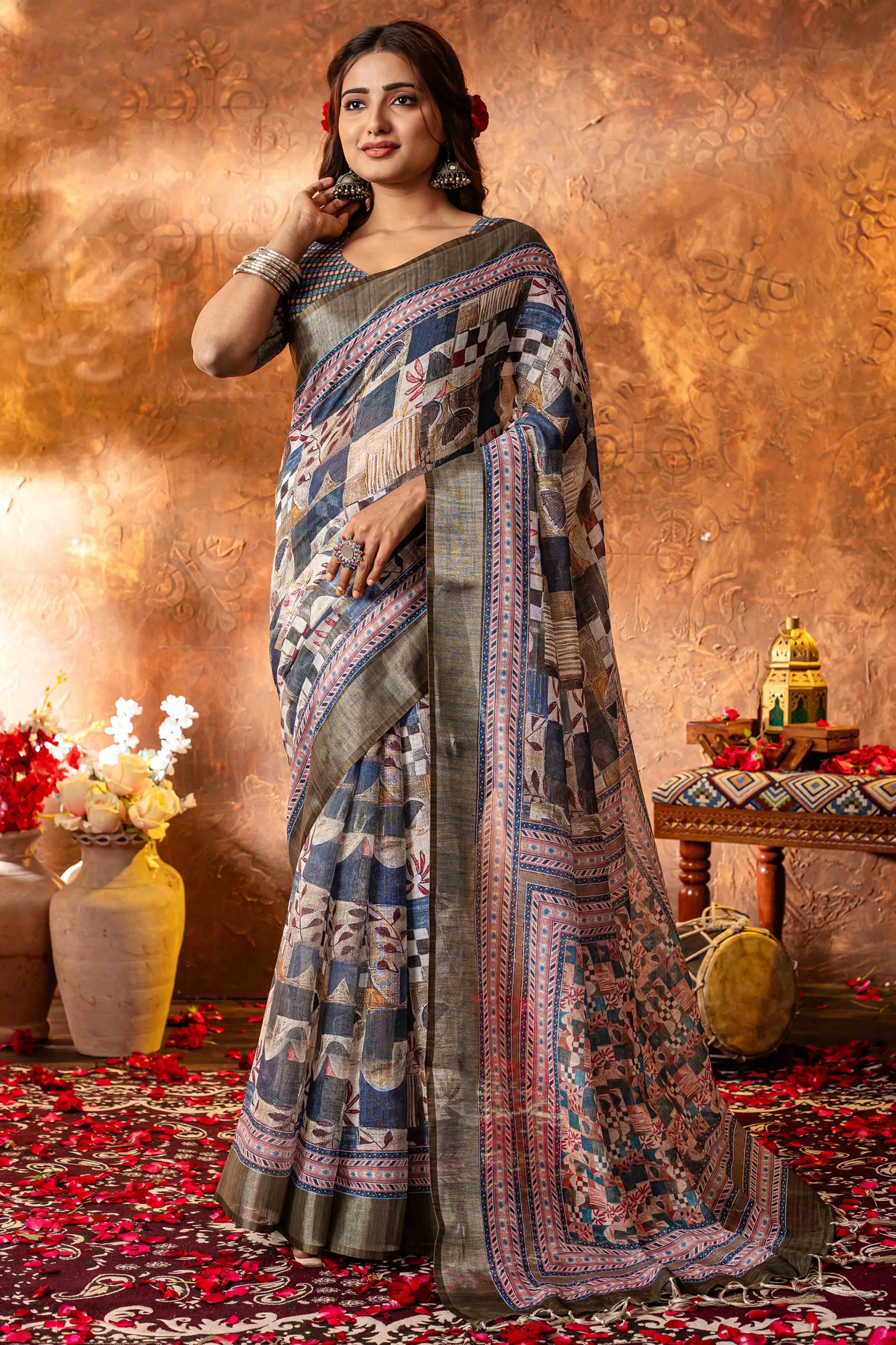 Blue and cream Abstract Printed Pure Linen Saree With Zari Border