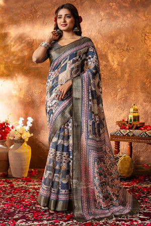 Blue and cream Abstract Printed Pure Linen Saree With Zari Border