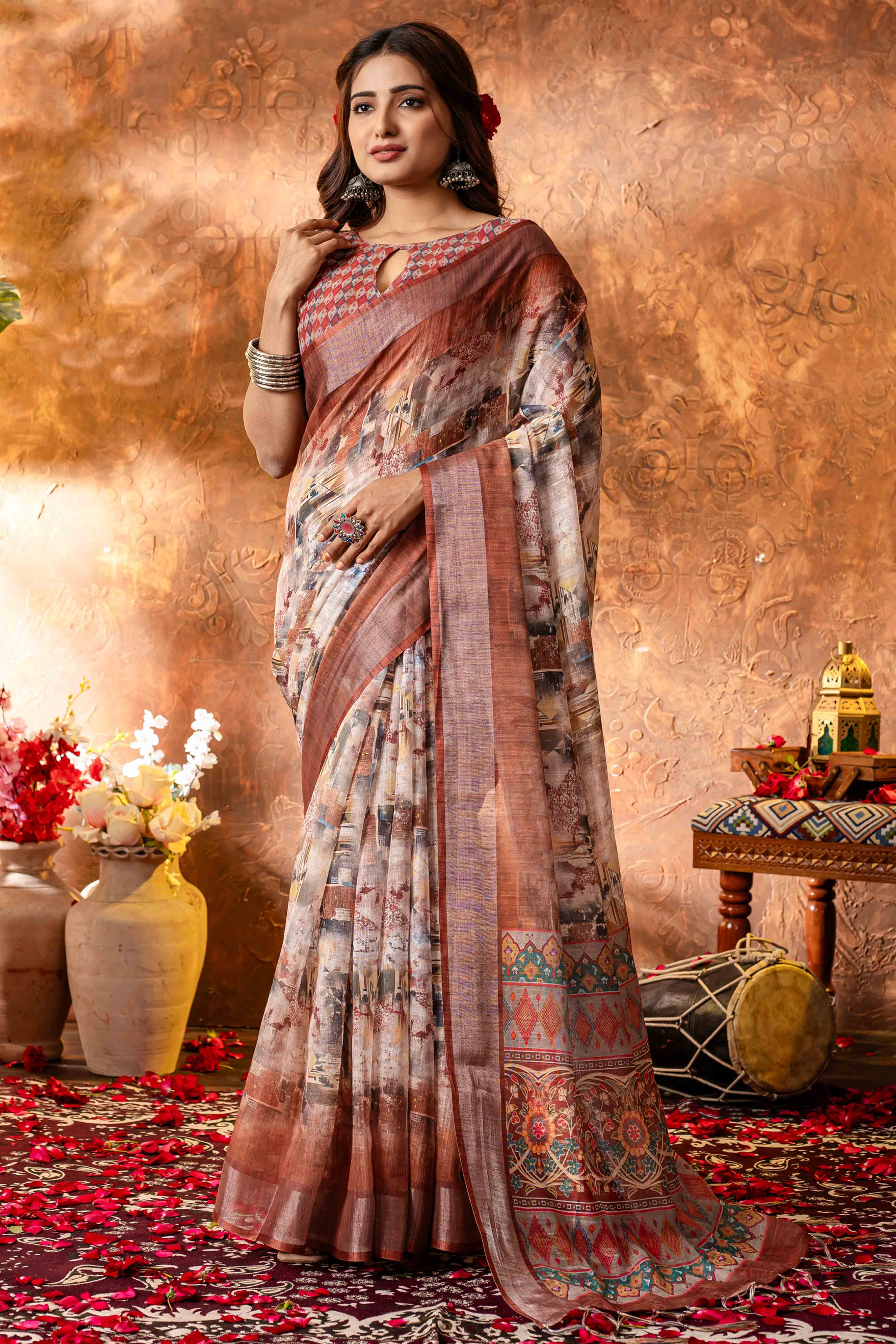 Light brown and cream Abstract Printed Pure Linen Saree With Zari Border