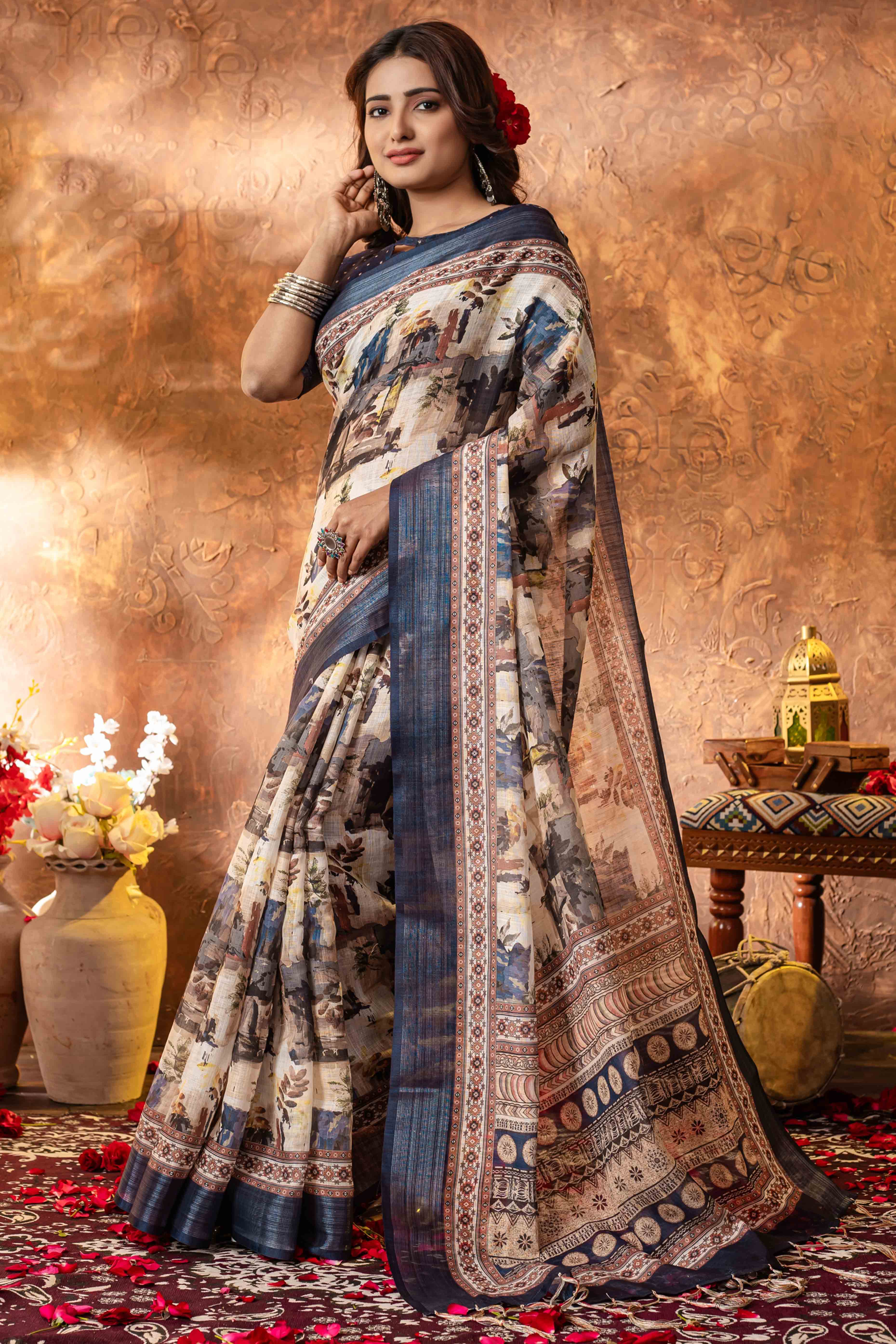 Blue and cream Abstract Printed Pure Linen Saree With Zari Border