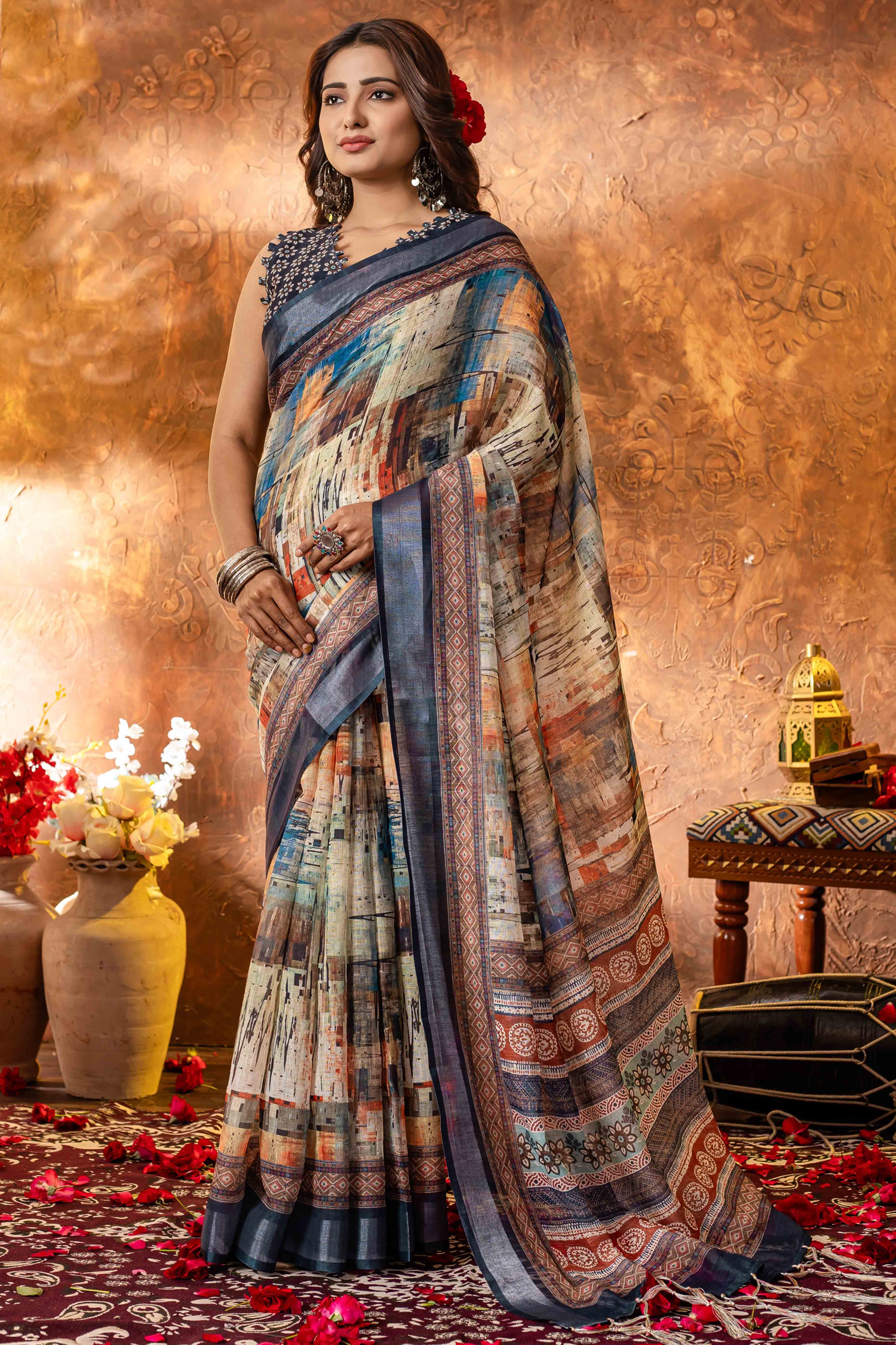 Multicolour Abstract Printed Pure Linen Saree With Zari Border