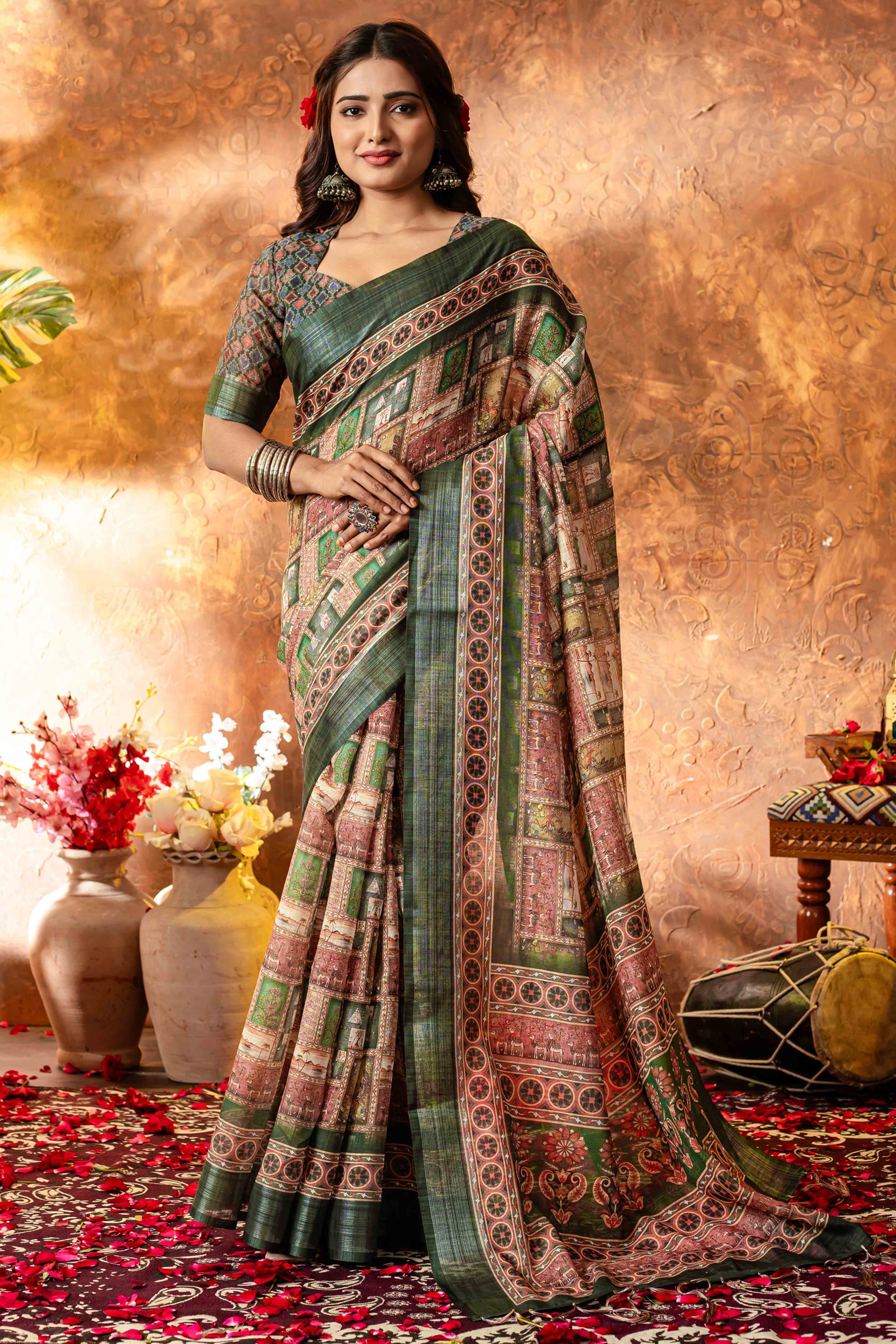 Green Abstract Printed Pure Linen Saree With Zari Border
