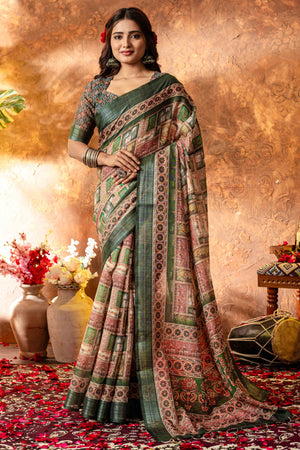 Green Abstract Printed Pure Linen Saree With Zari Border