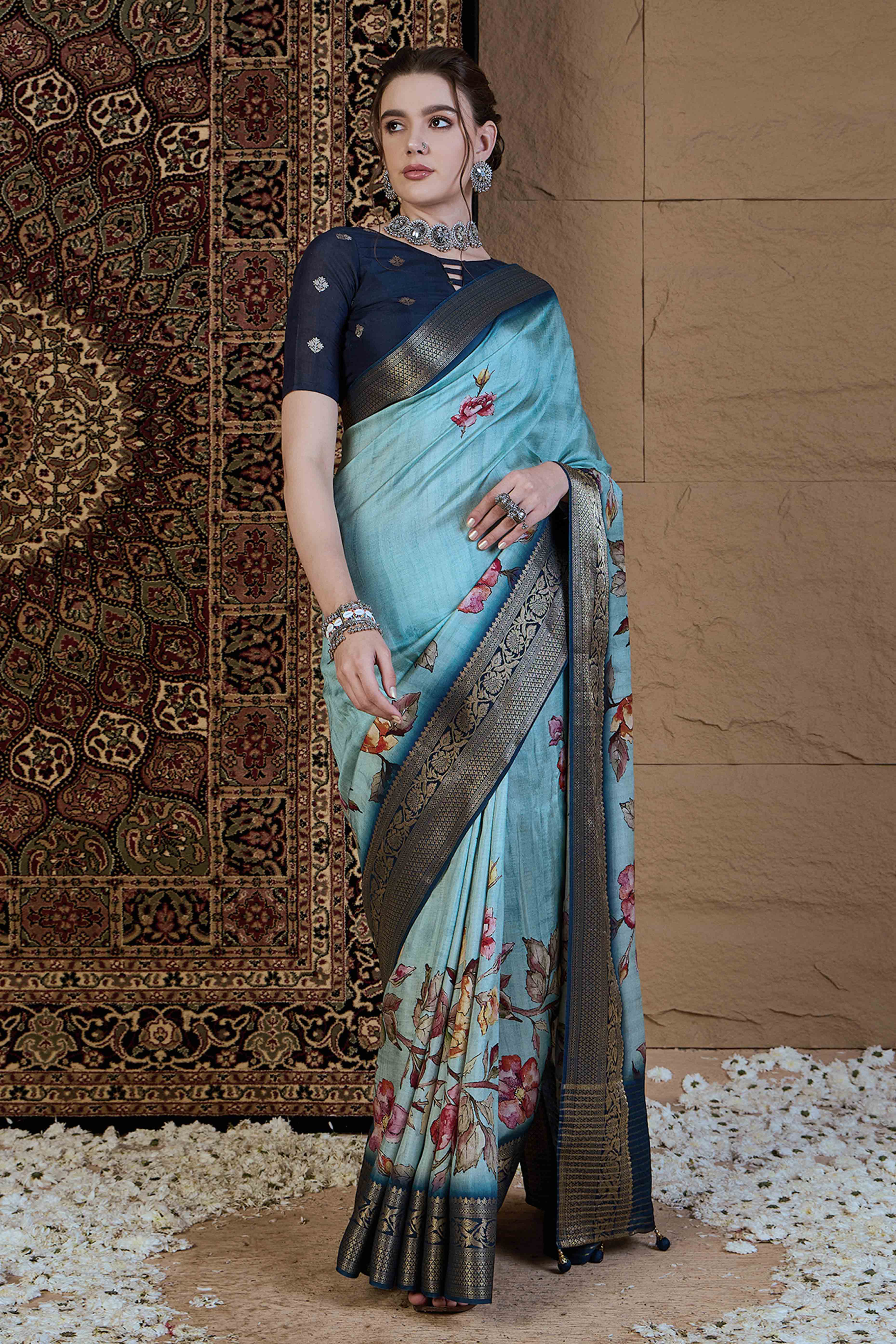 Blue Floral Printed Viscose Saree