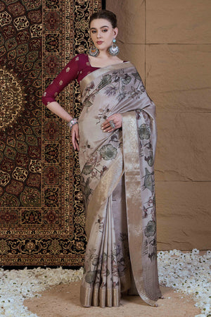Beige Floral Printed Viscose Saree