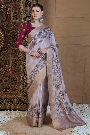 Mauve Floral Printed Viscose Saree