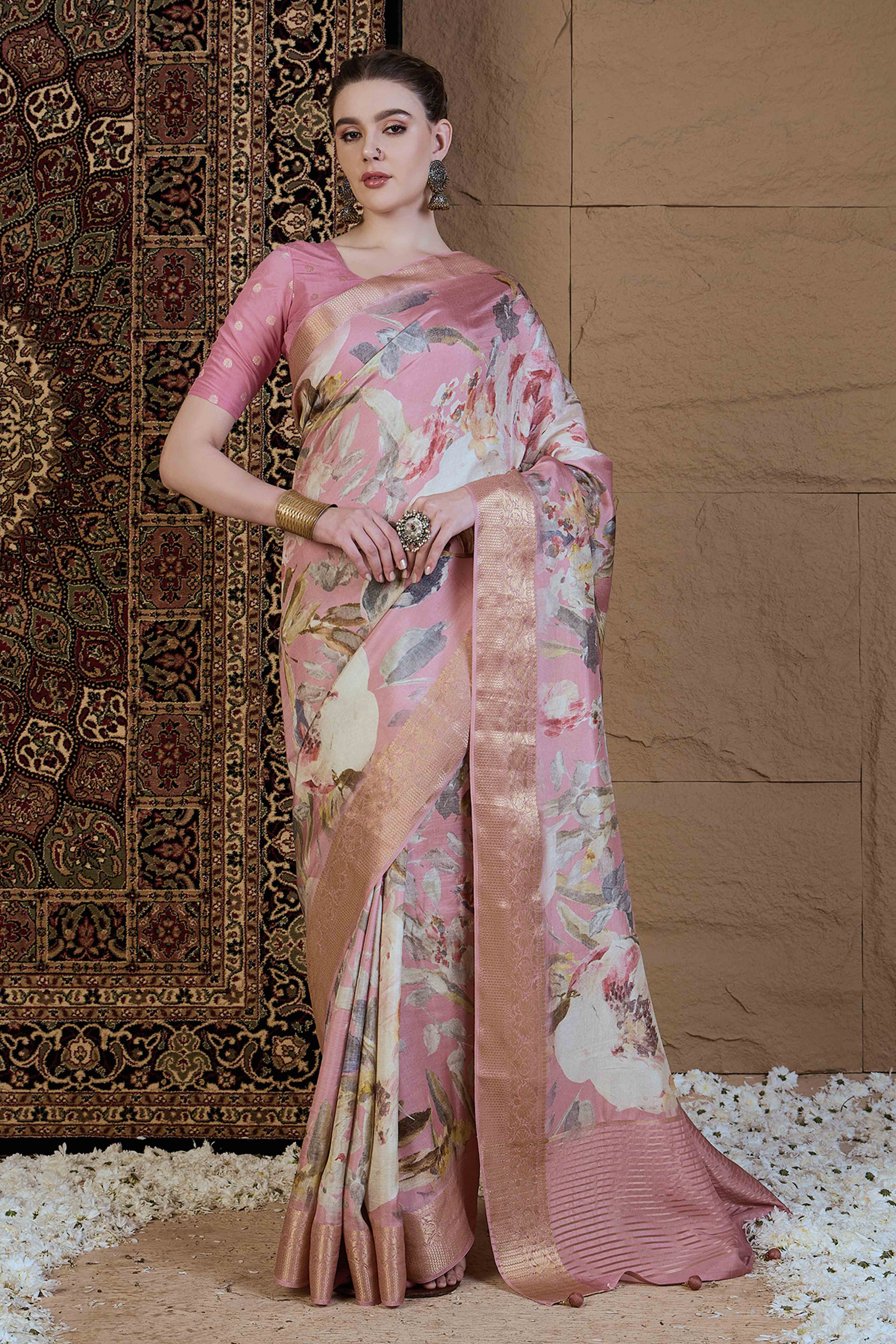 Pink Floral Printed Viscose Saree