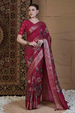 Magenta Floral Printed Viscose Saree