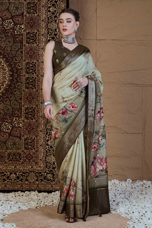 Light Green Floral Printed Viscose Saree