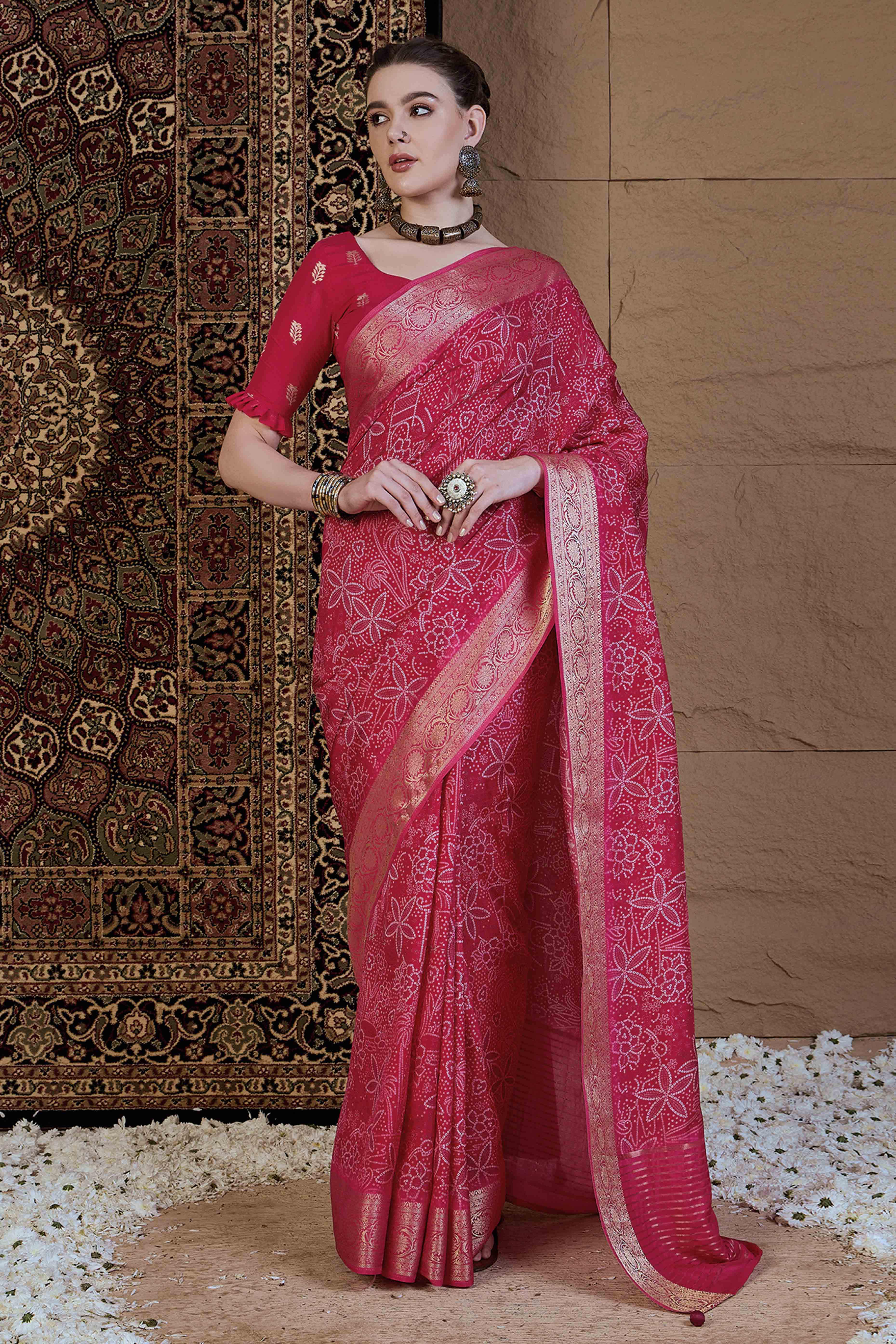 Pink Bandhani Printed Viscose Saree