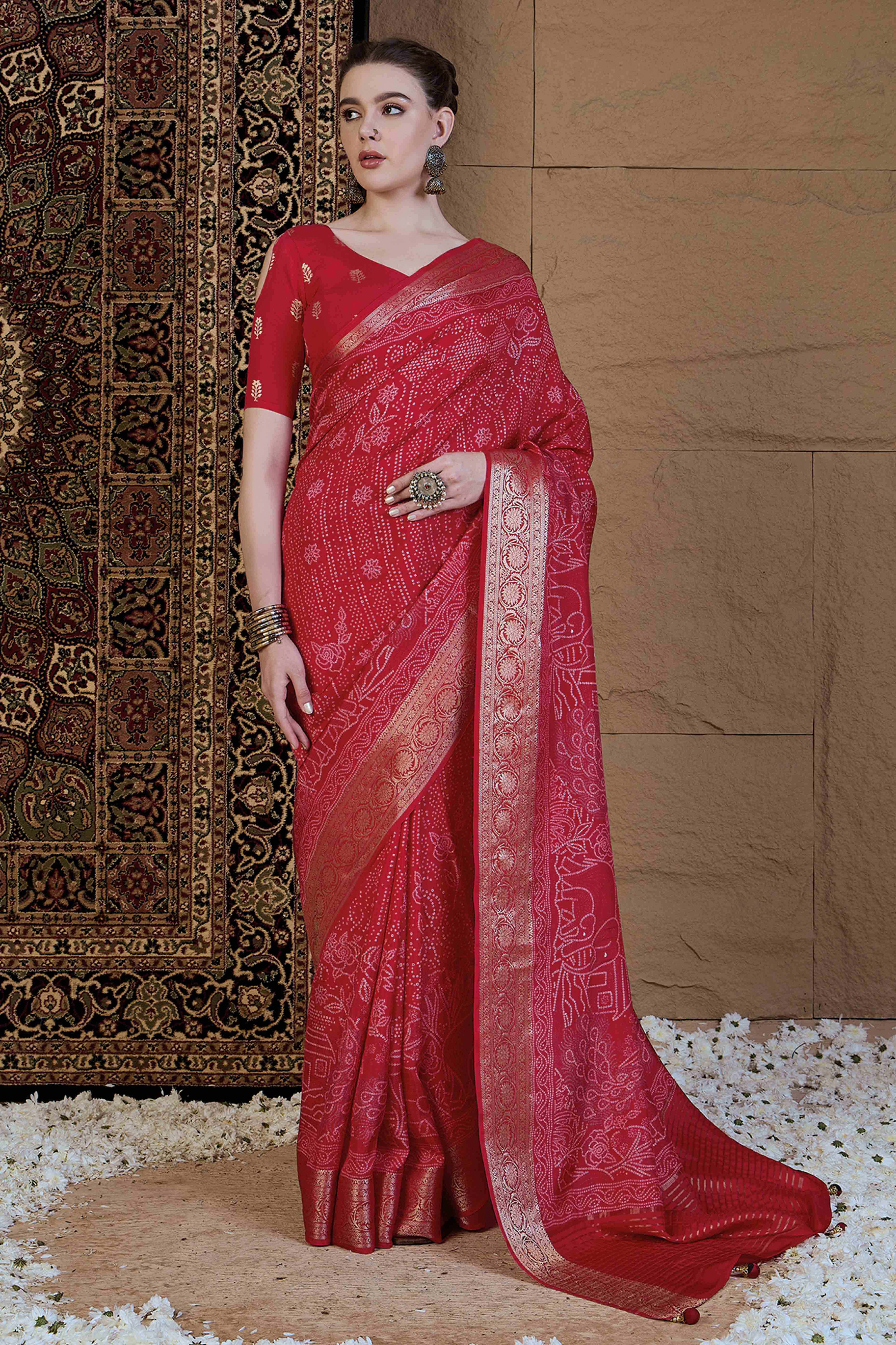 Red Bandhani Printed Viscose Saree