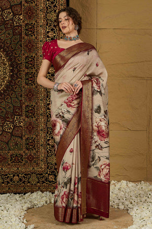 Beige Floral Printed Viscose Saree