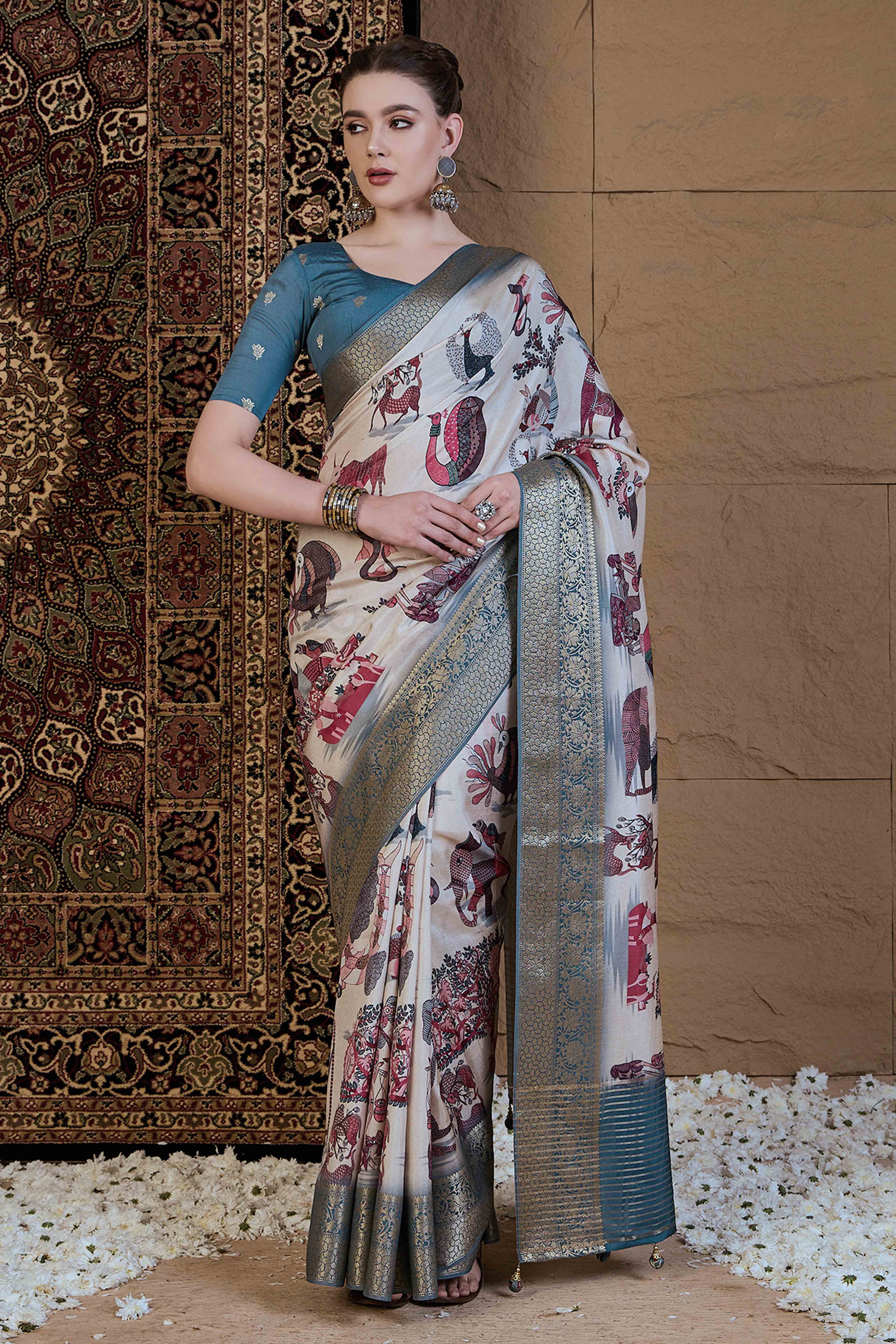 Off White Floral Printed Viscose Saree