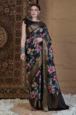 Black Floral Printed Viscose Saree