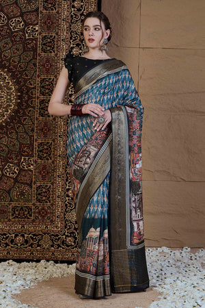 Teal Geometric Printed Viscose Saree
