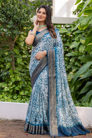 White & Teal Floral Printed Viscose Saree