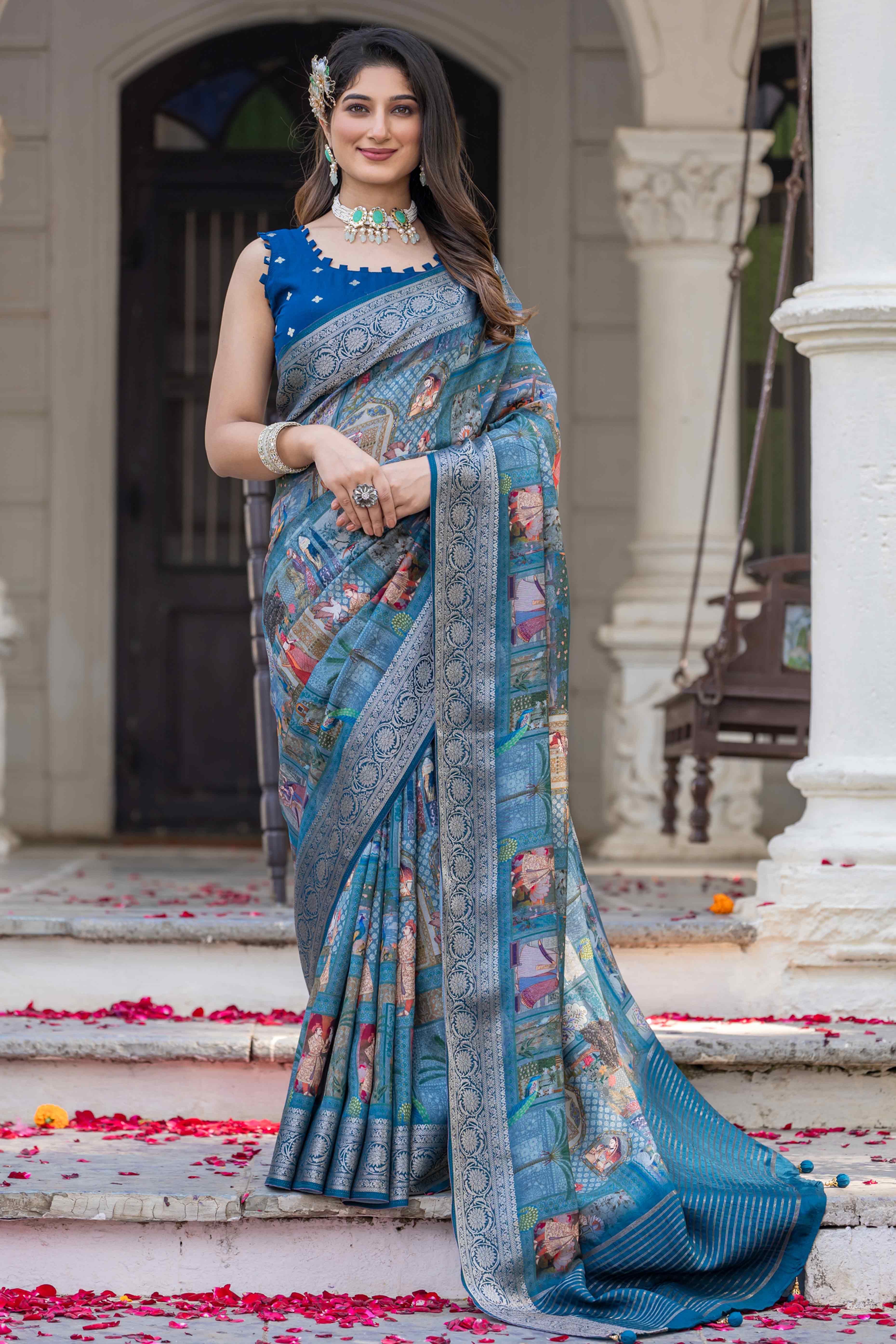 Teal Abstract Print Printed Viscose Saree