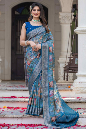 Teal Abstract Print Printed Viscose Saree